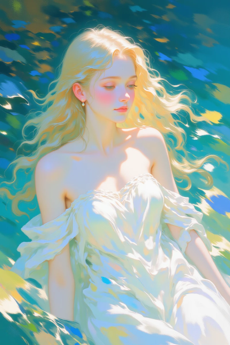Be_luminous,Anime_Era,Sci-fi_fantasy_illustration,A digital painting of a young asian woman with long,wavy blonde hair,fair skin,and a delicate,ethereal beauty. She wears a flowing white dress,partially off-shoulder,with a serene expression,The background is an abstract mix of blues and greens,evoking a dreamy,otherworldly atmosphere,