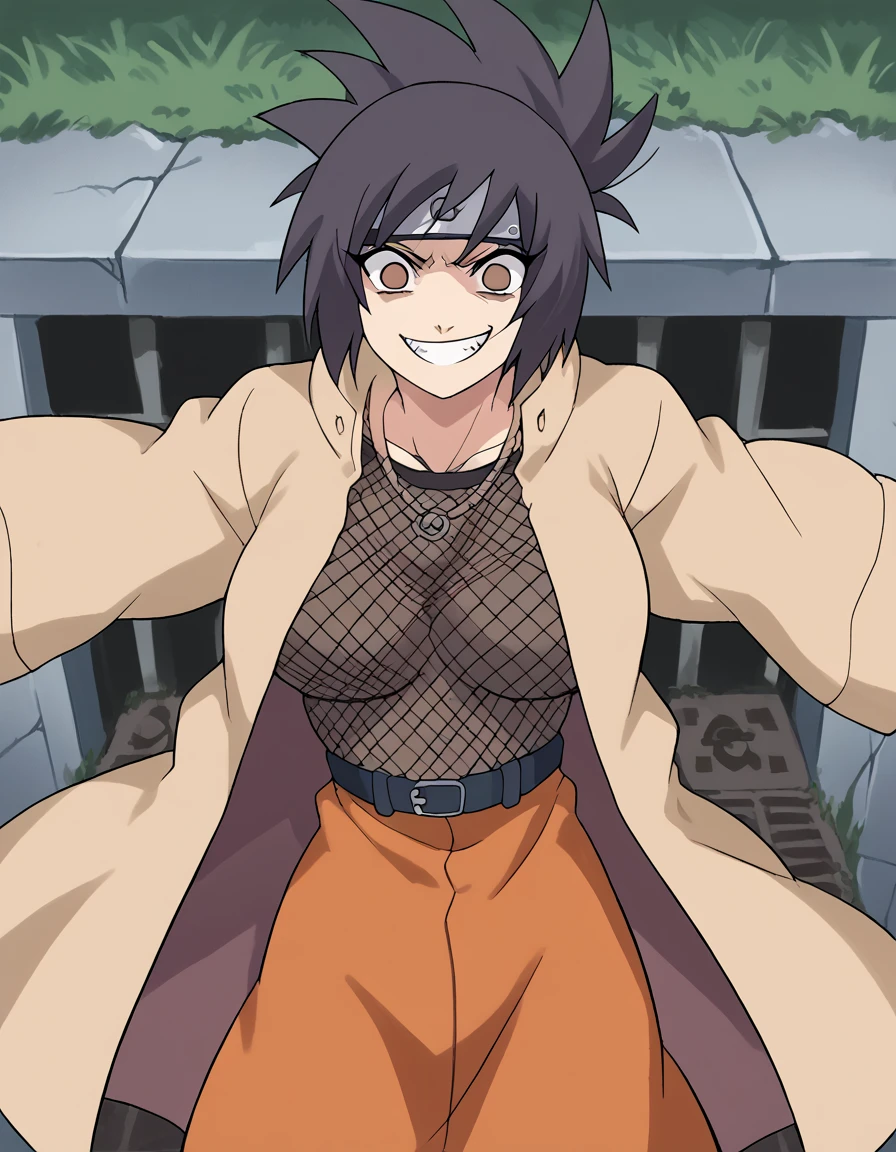 score_9, score_8_up, score_7_up, source_anime, <lora:anko-mitarashi-shippuden-ponyxl-lora-nochekaiser:1>, anko mitarashi, black hair, brown eyes, forehead protector, folded ponytail, large breasts, anime screepcap, blank eyes,, skirt, long sleeves, open clothes, belt, coat, fishnets, open coat, orange skirt, miniskirt, fishnet bodystocking, infirmary, bed, medical supplies, nurse, first aid, smile, <lora:pennywise-in-the-sewer-ponyxl-lora-nochekaiser:1>, pennywise in the sewer, pennywise in the sewer (meme), storm drain, sewer grate, grate, sewer, meme, concrete, grass, sidewalk,, <lora:evil-grin-ponyxl-lora-nochekaiser:1>, evil grin, evil smile, grin, evil eyes, crazy eyes, teeth, shaded face,,, looking at viewer, solo,, cowboy shot, solo