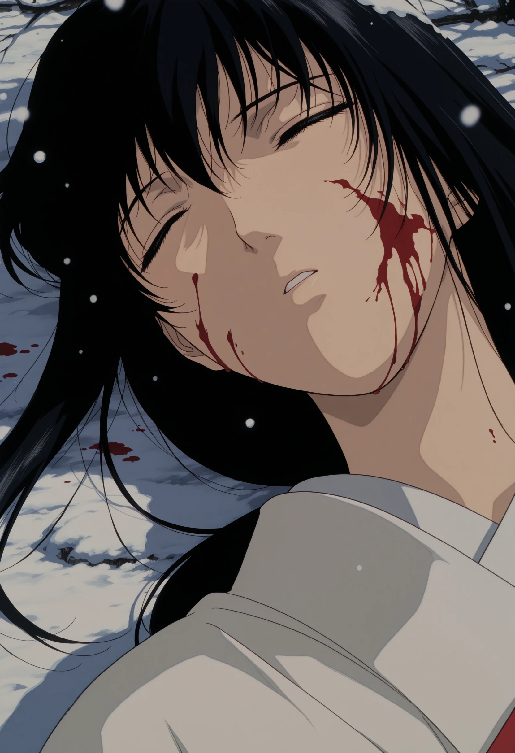 masterpiece, best quality, very aesthetic, absurdres,
yukishiro tomoe, 1990s \(style\), 1girl, black eyes, long hair, black hair, japanese clothes, white kimono,
lying, on back, death, blood on face, close-up, closed eyes, parted lips, snowing, day,