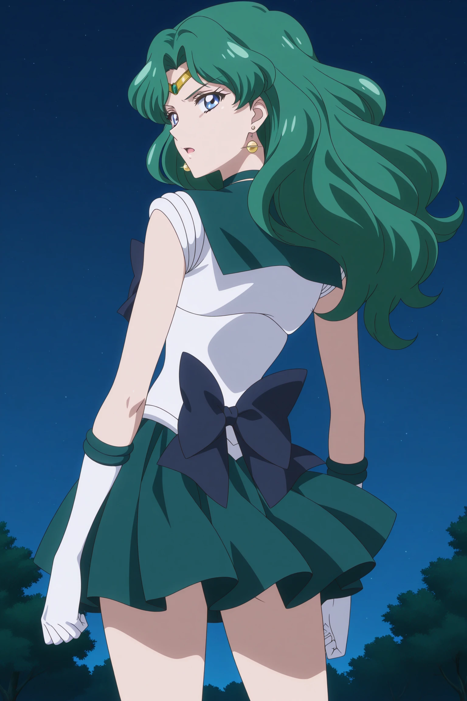 masterpiece, best quality, amazing quality, highres, absurdres, very aesthetic, high resolution, ultra detailed, perfect details, 1girl, solo, outdoors, (night:1.5), sailor neptune, long hair, green hair, wavy hair, parted bangs, black hairband, blue eyes, planet earrings, circlet, sailor senshi uniform, magical girl, green choker, green sailor collar, blue bow, white gloves, elbow gloves, green skirt, pleated skirt, blue back bow, green footwear, strappy heels, <lora:Michiru_Kaiou_ILXL:0.8>, (aged up:1.2), (cowboy shot:1.3), (serious:1.2), looking at viewer, (pose:1.2), (anime screencap:1.5), (anime coloring:1.5), open mouth, (from behind:1.5)
