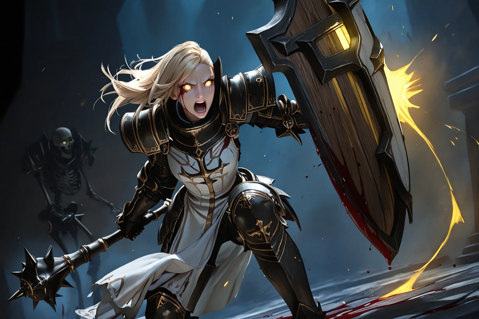 masterpiece, good quality, best quality, very awa, very as2, absurdres, highres, 3d
<lora:D3 CrusaderilluLoRA:1> crsadr, knight, braid, long hair, side cut, pauldrons, full armor, gauntlets, pelvic curtain, faulds, greaves, white shield, holding mace, swinging weapon, light trail, blood, angry, open mouth, yellow glowing eyes, holy light, skeletons, attacking, fighting stance, solo, 1other, demons. large weapon. smashing heads, from side
