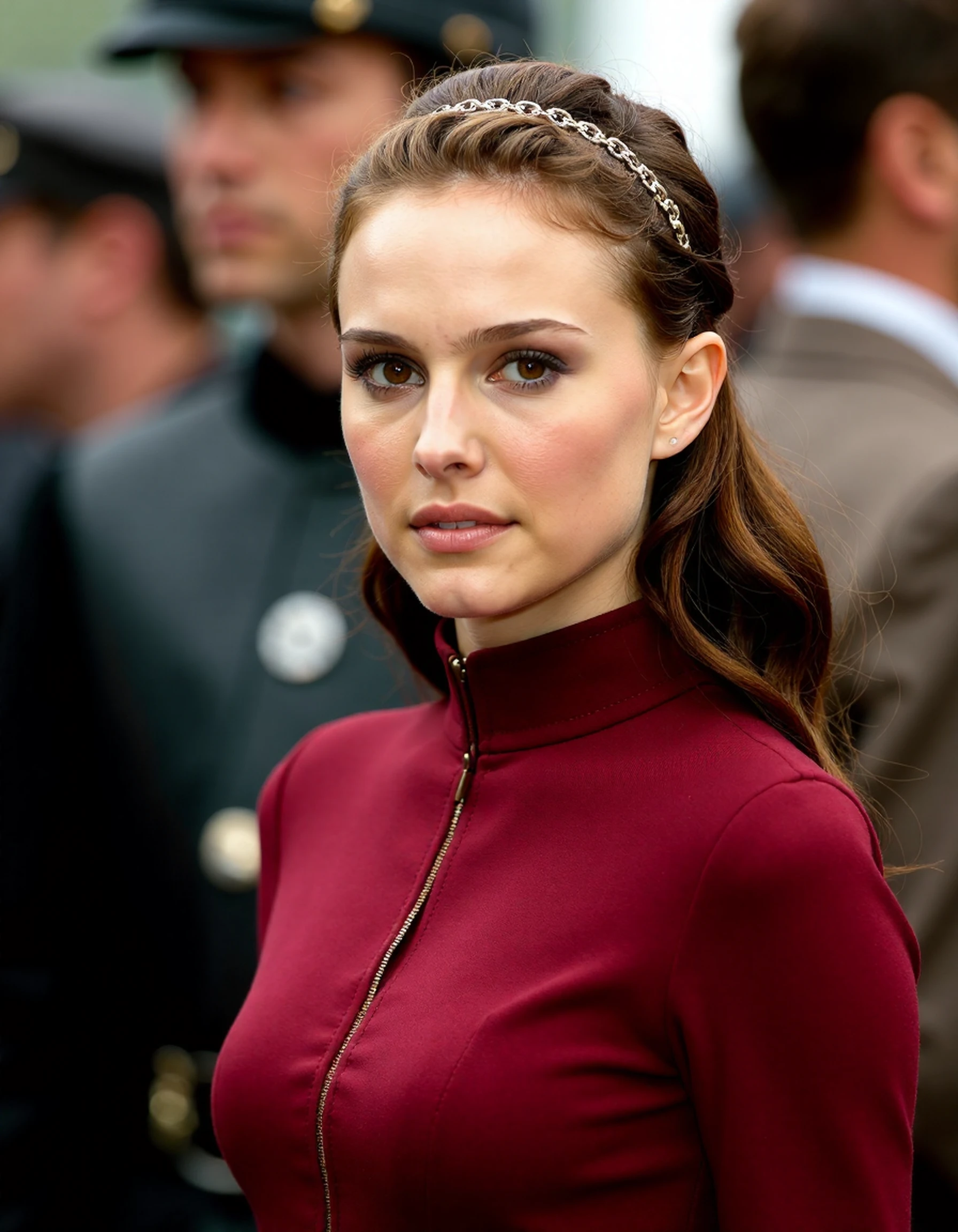 <lora:Natalie_Portman_Ca2004:1> woman, from Star Wars as Princess Amidala, Princess of Naboo, skin tight form-fitting minidress., Looking Directly At The Viewer, Looking Directly At The Camera, Making Eye Contact, Looking Straight Ahead, <lora:zz_s_Chest_Size_Slider:-2> High Collar, Chest Covered