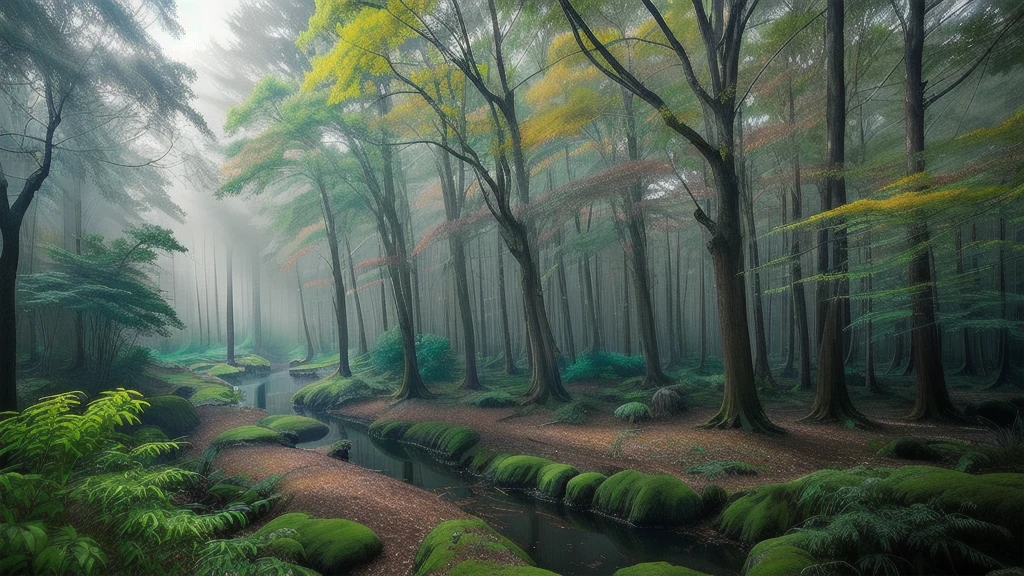(no humans, top down view, very wide shot, scenary, perspective, outdoors landscape, A mysterious, ancient forest, shrouded in an aura of mystery. Towering trees, their branches reaching for the sky, create a dense canopy, blocking out the sunlight. A family of wolves, their keen senses alert, stalks its prey through the dense undergrowth. A variety of fungi, their vibrant colors a testament to their toxicity, thrives in the damp, dark environment. A crystal-clear stream, its waters reflecting the ancient trees, winds its way through the forest. The silence of the forest, broken only by the occasional rustle of leaves and the distant call of a bird, is both calming and eerie.:1.5), stunning modern urban upscale environment, wallpaper, unparalleled masterpiece, finely detail, incredibly absurdres, perfect artwork, highres, intricate, UHD, HDR, 32K, 16K, promotional poster, natural lighting, professional photograph (in style of Sean Bagshaw:1.5), movie promotional poster, textured skin, vibrant details, abstract beauty, studio quality, UHD, trending on artstation, traditional media, professionally color graded, monochrome, greyscale, black and white photograph, professional greyscale photograph with Leica M10 Monochrom, Nikon AF-S 85mm f/1.4G, Fomapan 100) <lora:photo_aesthetic_slider:0.7> <lora:hyperdetailer_v080:0.3> <lora:BT_Pattern_Pastel_v1:0.15>