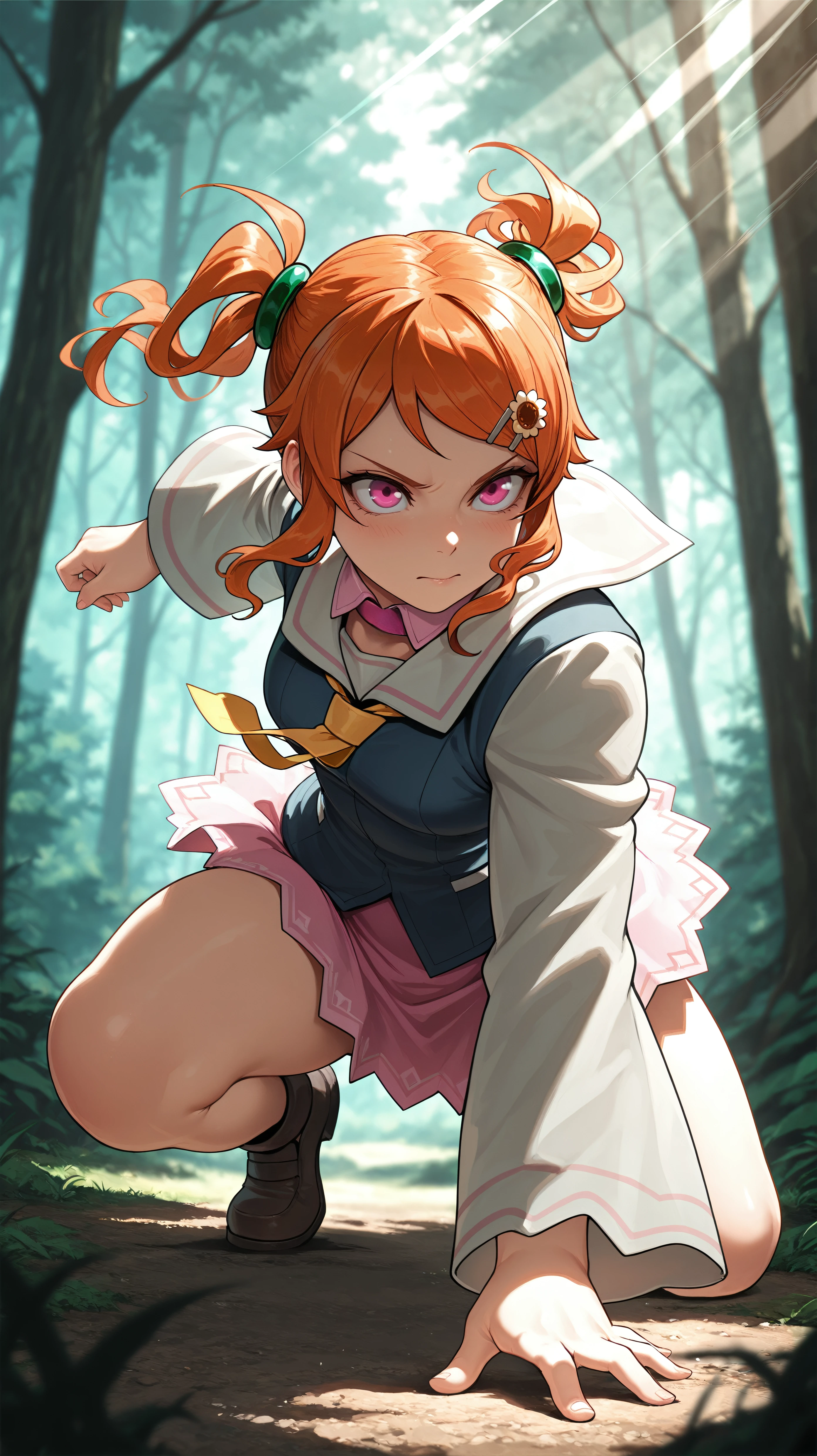 masterpiece, best quality, amazing quality, girl, dynamic pose, touching toes, <lora:Gauche - Illu-000004:1>, orange hair, twintails, green hair rings, hair clip, pink eyes, sailor collar, pink collar, blue shirt, white sleeves, long sleeves, wide sleeves, yellow ribbon, pink skirt, nature, light rays, forest, depth of field,