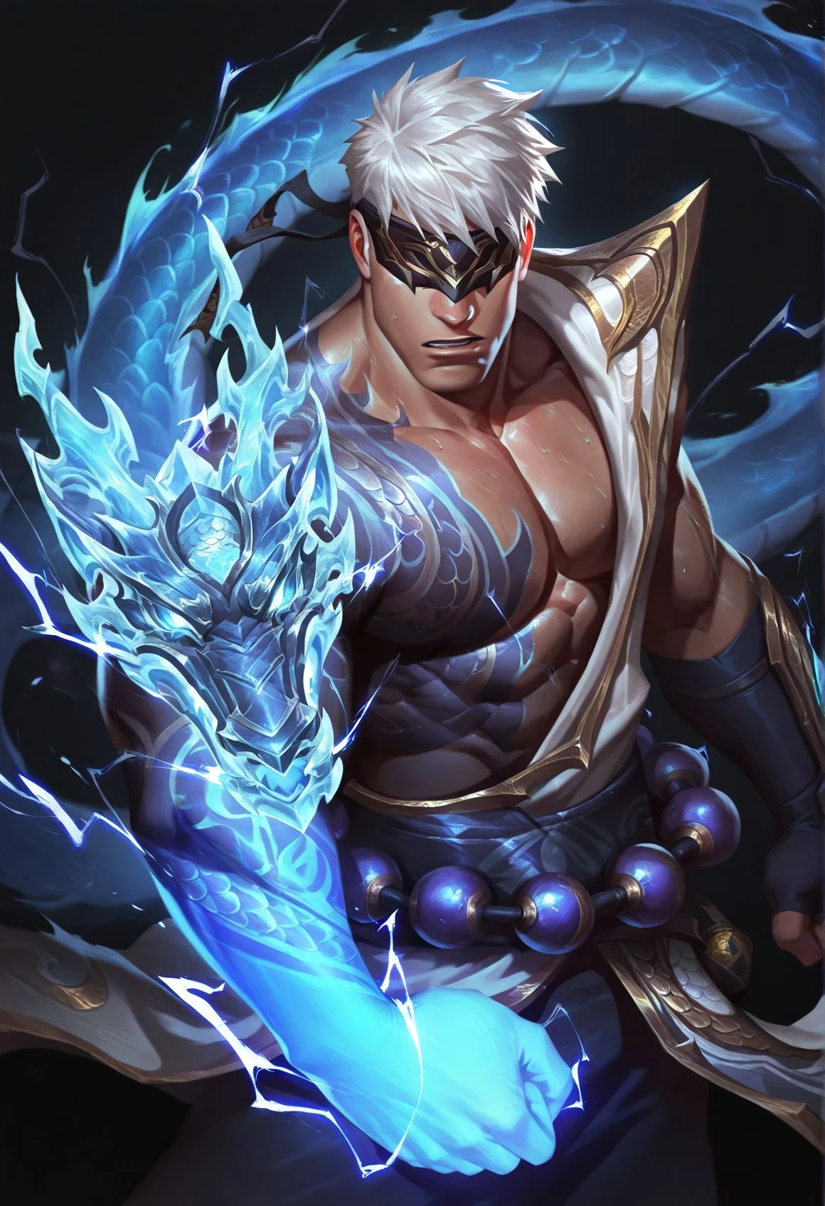 1boy,bara,male,solo,black background,electricity,
blue arm,blue eastern dragon,glowing,storm-dragon-lee-sin,tattoo,white hair,large beads around waist,blindfold,
(masterpiece, best quality, high quality, absurdres, high detail,bara),(mature male) BREAK
<lora:hand 5.5:1>,<lora:4k:1>,<lora:add-detail-xl:1>,<lora:SilverjowStylePonyXL:0.8>,<lora:storm_dragon_lee_sin:0.85>,, <lora:Expressive:0.8>,