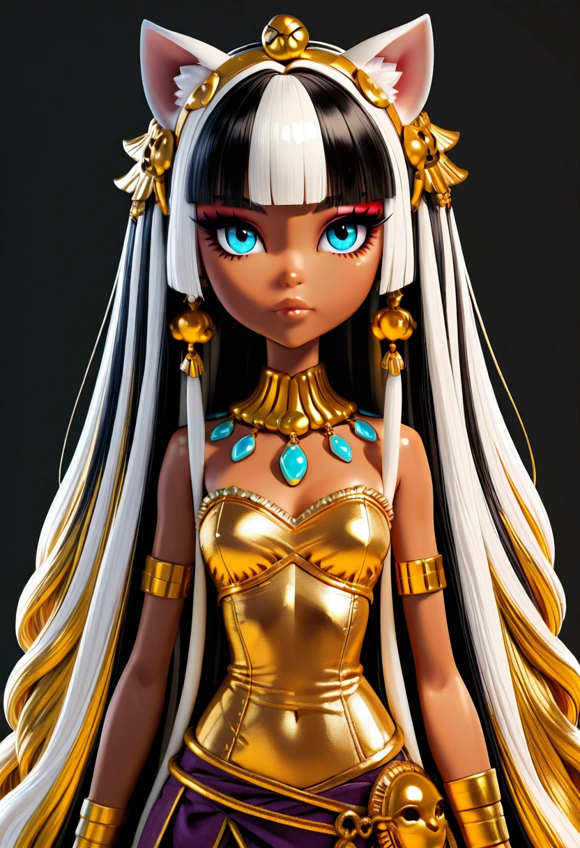 masterpiece, best quality, 1girl, solo, eyelashes, (beautiful eyes), 1girl, solo, very long hair, bangs, multicolored hair, blue eyes, dark-skinned female, looking at viewer, cat ears, hair ornament, gold earrings, necklace, bracelet, eyeliner, lips, simple background, upper body, strapless outfit , <lora:Rd3degyptian_IXL:1.0>,
