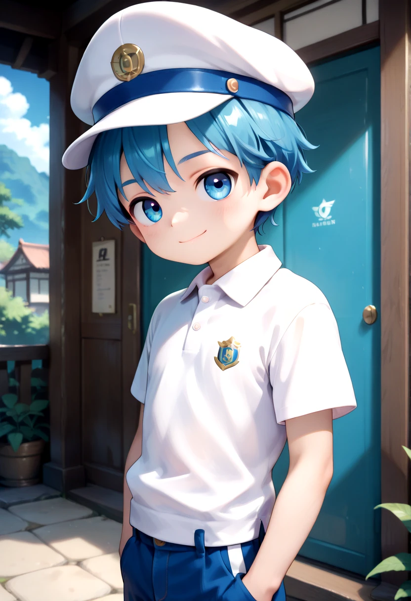 aoi, 1boy, (blue hair:1.2), polo shirt, smile, male, male focus, closed mouth, white mailman hat, blue eyes, looking at viewer,male, male focus, blue hair, outside, vivid colors, petite, cute, young, masterpiece, high quality, very_high_resolution, large_filesize, full color, detailed face, standing,white polo shirt, <lora:tbr/cutifiedanimecharacterdesign_style_Illustrious_V10:1.0>