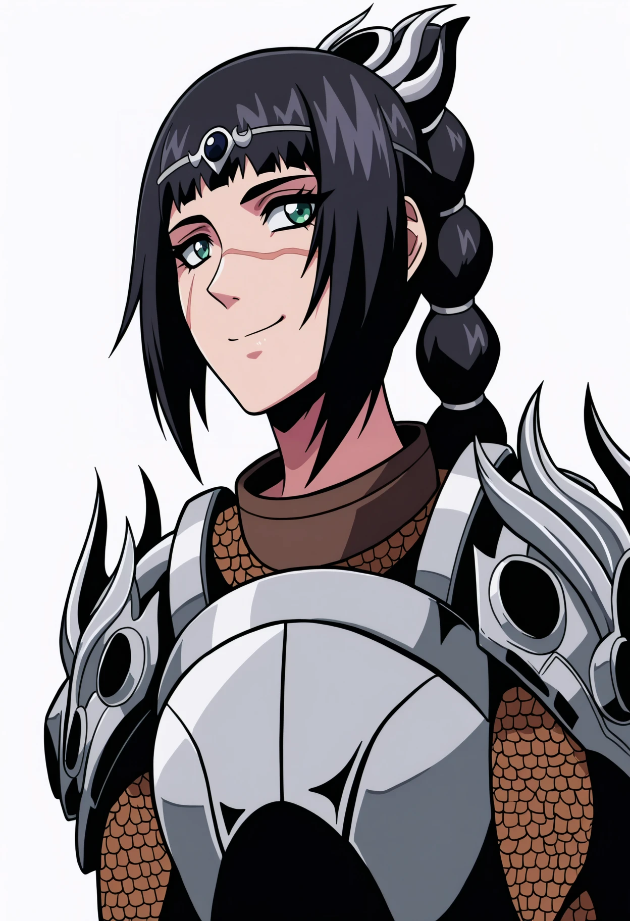 best quality, amazing quality, very aesthetic, absurdres,
BREAK
1girl, solo, shadowheart, black hair, braided ponytail, green eyes, scar on face, circlet, armor,
smile, looking at viewer, upper body, simple background, white background, <lora:ShadowHeartIllustrious_byKonan:0.8>, <lora:DivergenceEveNoobLocon_byKonan:1>