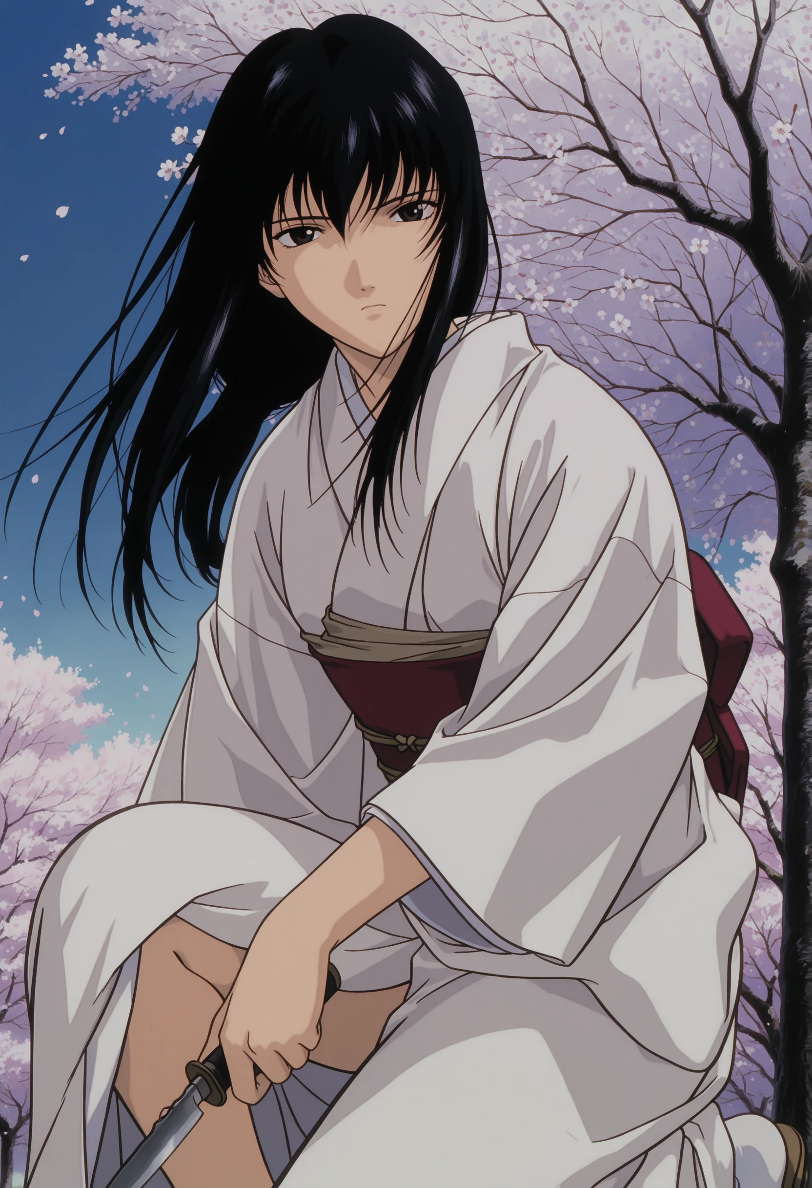 masterpiece, best quality, very aesthetic, absurdres,
yukishiro tomoe, 1990s \(style\), 1girl, black eyes, long hair, black hair,japanese clothes, white kimono, floating hair,
knife, holding,on one knee,cherry blossoms, day, staring,frown, looking at viewer,
