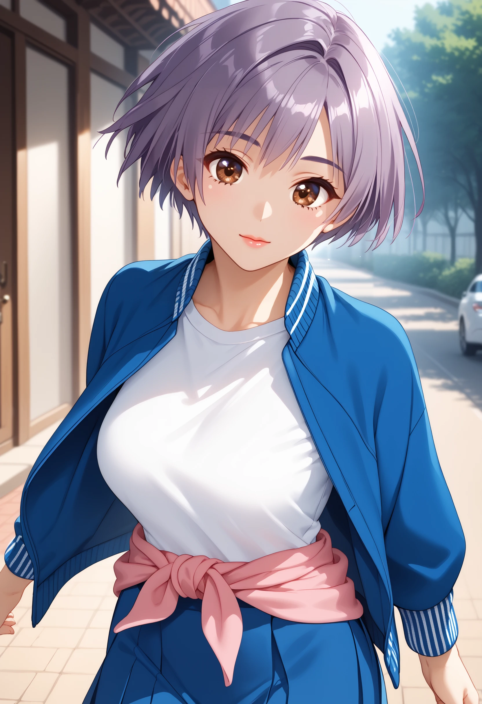score_9, score_8_up, score_7_up, BREAK <lora:SatomiKo:1>>,saatomi, 1girl,brown eyes,purple hair,short hair,,medium breasts,blue jacket,track jacket,white t-shirt,blue skirt, miniskirt,pink clothes around waist,long sleeves,running at you