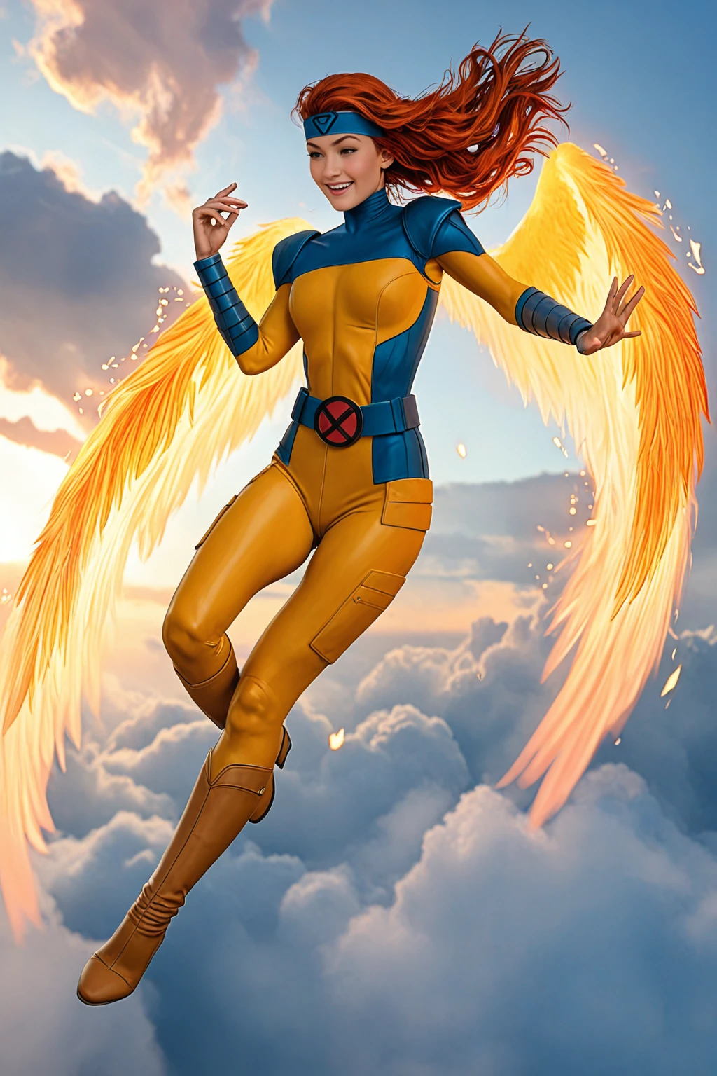 masterpiece, good quality, best quality, very awa, very as2, absurdres, highres,
<lora:Jean Grey Classic X-MenilluLoRA:1>jngryclsic, long hair, headband, turtleneck, bodysuit, pauldrons, vambraces, belt, boots, flying, happy, clouds, birds, fire aura, side ways, hand up, phoenix