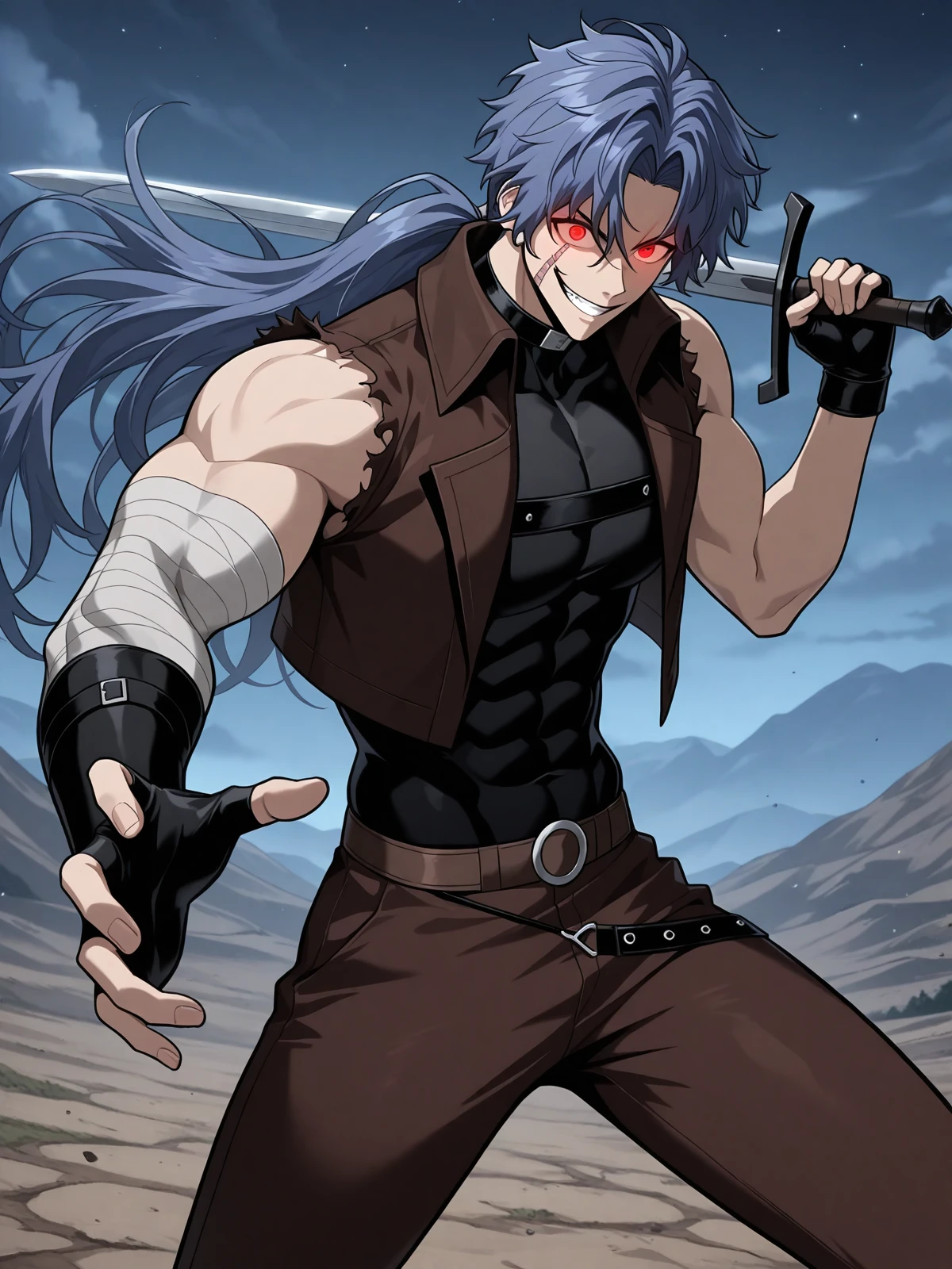 belkist, blue hair, long hair, ponytail, red eyes, 1boy,muscular, scar on face, belt, fingerless gloves, torn jacket, cropped jacket, brown jacket, brown pants, open jacket,   bandaged arm BREAK outdoors,battle field, medieval, night, dark BREAK  evil smile, looking at viewer,  grin, glowing eyes, battle pose, dynamic pose, epic ,  holding sword, sword over shoulder, BREAK masterpiece, best quality), amazing quality, absurdres, highres, newest, HDR, 8K, solo, <lora:Belkist:0.8>