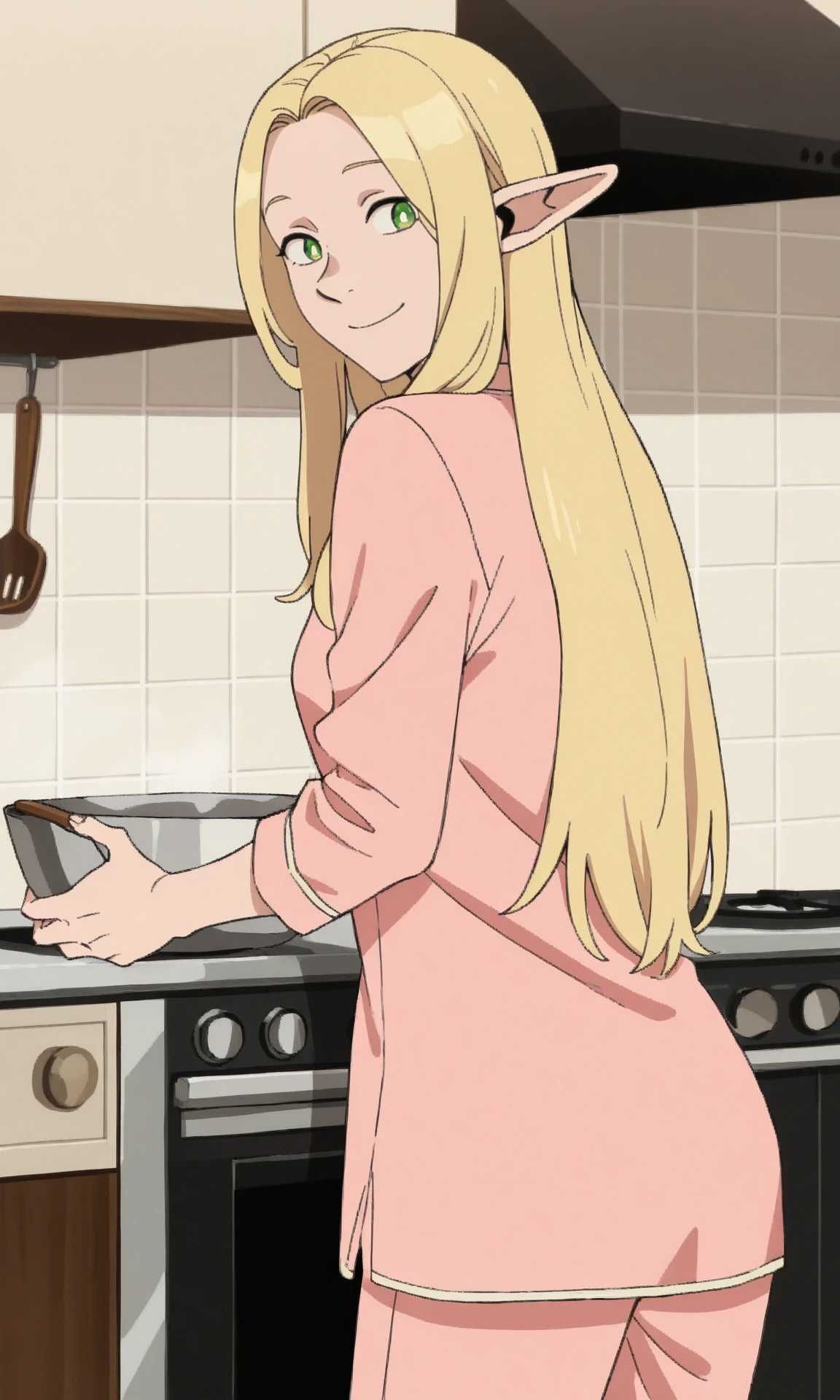 marcillemv, longhairhaircut, 1girl, solo, pointy ears, blonde hair, green eyes, looking back, looking at viewer, cooking, kitchen, indoors, modern, contemporary, smile, pajamas, indoors, mature female, (skinny:0.3),
(masterpiece, best quality:1.2), absurdres, highres,