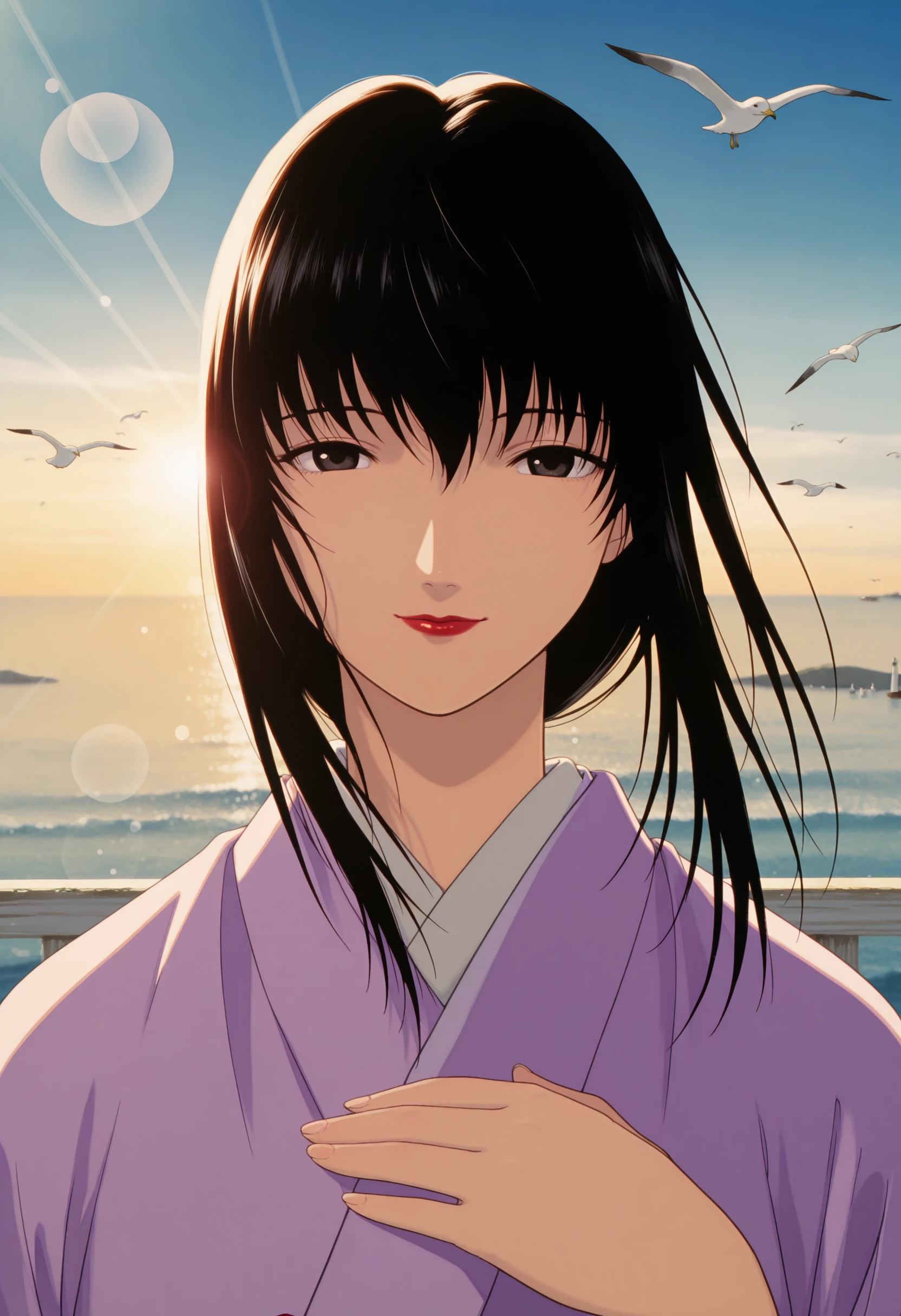 masterpiece, best quality, very aesthetic, absurdres, yukishiro tomoe, 1girl, solo, black eyes, long hair, black hair,japanese clothes, purple kimono, day, hand up, hand on own chest, smile,red lips, looking at viewer, SEA,seagull, upper body, sunlight, lens flare,straight-on,