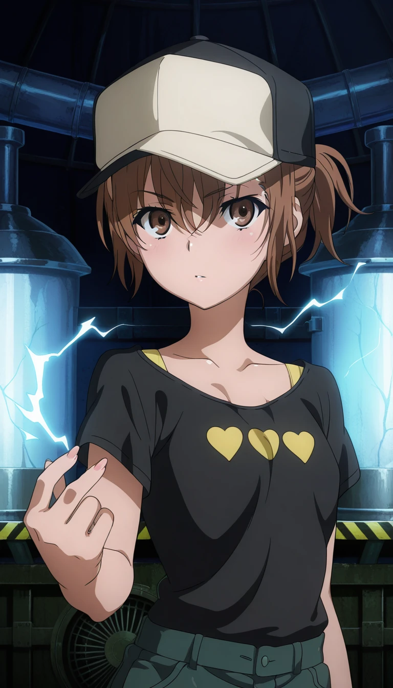 (masterpiece),best quality,amazing quality,very aesthetic,absurdres,newest,perfect body,shiny skin,perfect eyes,detail1eye,well-defined fingers,well-defined fingernails,anime style,indoors,1girl,solo,upper body,(portrait:1.5),looking at viewer,facing viewer,Misaka mikoto,casual clothes,baseball cap,alternate hairstyle,short hair,short ponytail,brown hair,hair between eyes,bangs,brown eyes,collarbone,bra strap,t-shirt,black shirt,heart print,electricity,electrokinesis,green shorts,short shorts,sneakers,<lora:Misaka mikoto(omrg)-Illus:1.8>,