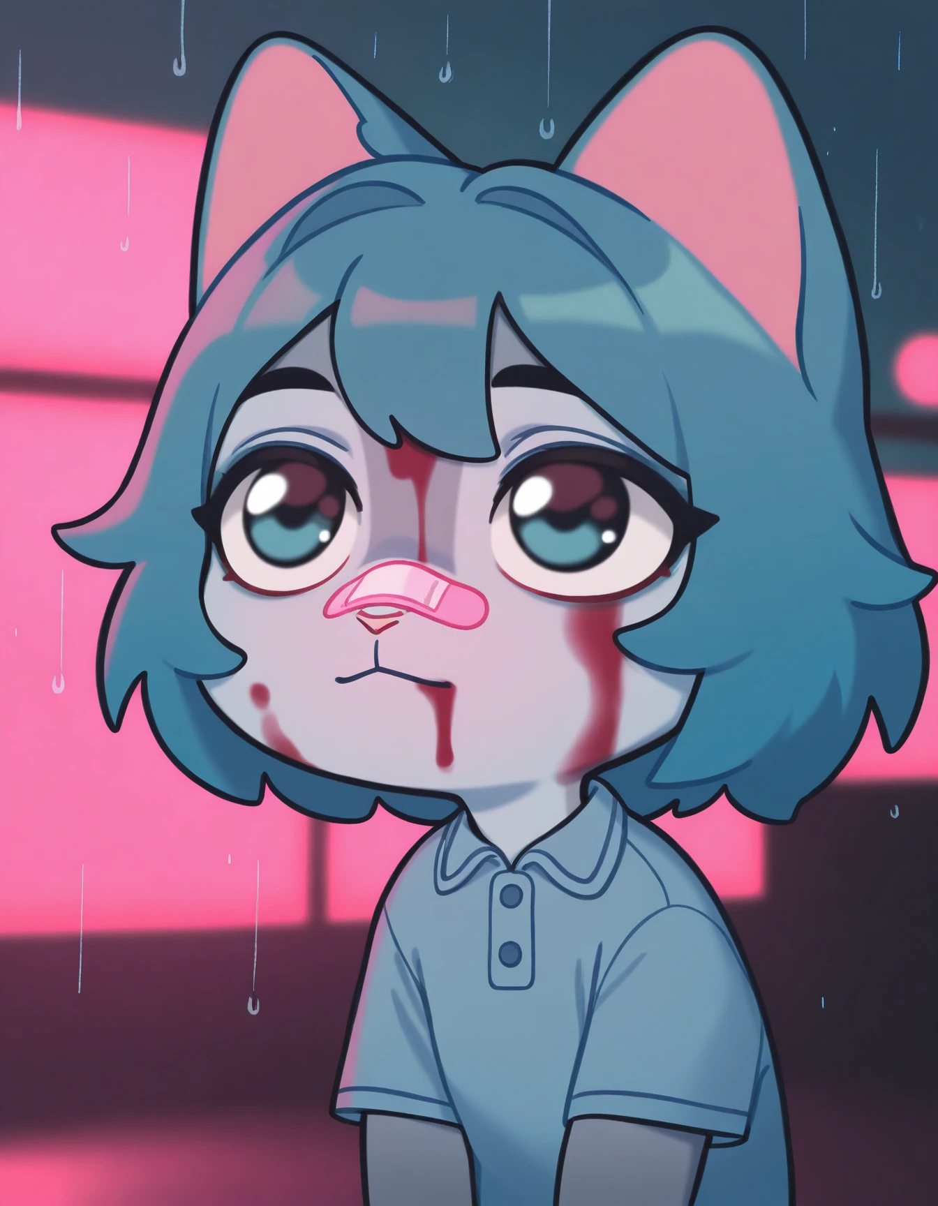 masterpiece, best quality, amazing quality, very aesthetic, high resolution, solo
Sima-vkstickrs, furry, chibi, male, teal hair, gray fur, cat ears, light blue polo shirt, bandaid on nose, blurry background, pink lighting, night, dark, pink theme, blood on face, rain <lora:YouLookLonelyIllustriousXL_byKonan:1>
<lora:Sima-vkstickrs_il:1>
