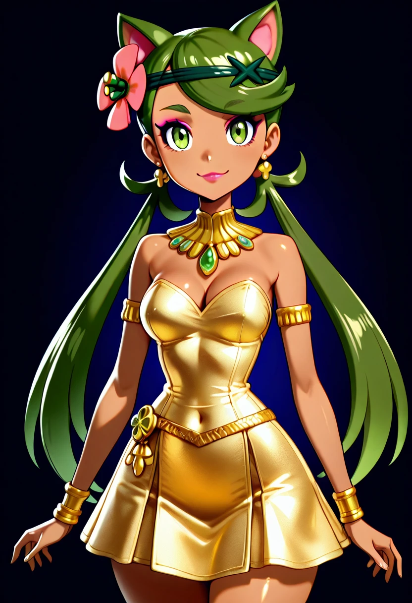 masterpiece, best quality, medium breasts, (curvy), BREAK, zzMallow, green hair, green eyes, hair flower, hair ornament, <lora:MallowPokemonIXL_e09:1.0>,smile, looking at viewer, cowboy shot, gold hair, multicolored hair, animal ears, cat ears, makeup, eyeliner, lipstick, earrings, necklace, bracelet, shoulderless dress, metallic details, <lora:Rd3degyptian_IXL:1.0>,