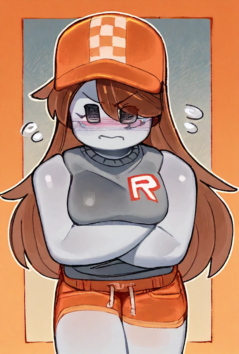 <lora:sk8r-07:1> sk8r, 1girl, long hair, brown hair, gray shirt, orange shorts, grey skin, orange hat, dot eyes, sleeveless, thick arms, <lora:Wamudraws_Style_Ill:1> artist:wamudraws, outline, thick white outline, gray gradient background, orange borders, crossed arms, mad, embarrassed, hearts,, masterpiece, best quality, amazing quality, very aesthetic, absurdres, newest,
