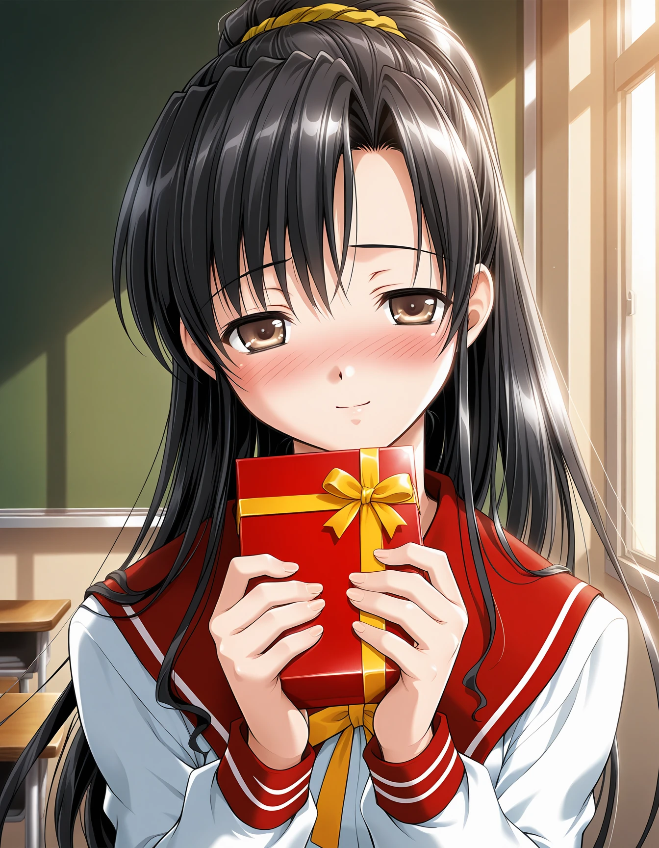 masterpiece, best quality, official art, amazing quality, ultra highres, very aesthetic, highly detailed, intricate,
1girl, solo, akira, black hair, brown eyes, half-closed eyes, beautiful detailed eyes,
akira_school_uniform, serafuku, yellow ribbon, BREAK
light smile, blush, looking at viewer,
standing, holding gift, looking at viewer, classroom, romantic, front view, upper body, sharp focus, depth of field, deep contrast of light and dark, deep shadow
<lora:mizusima akira v1.0-000016:1>