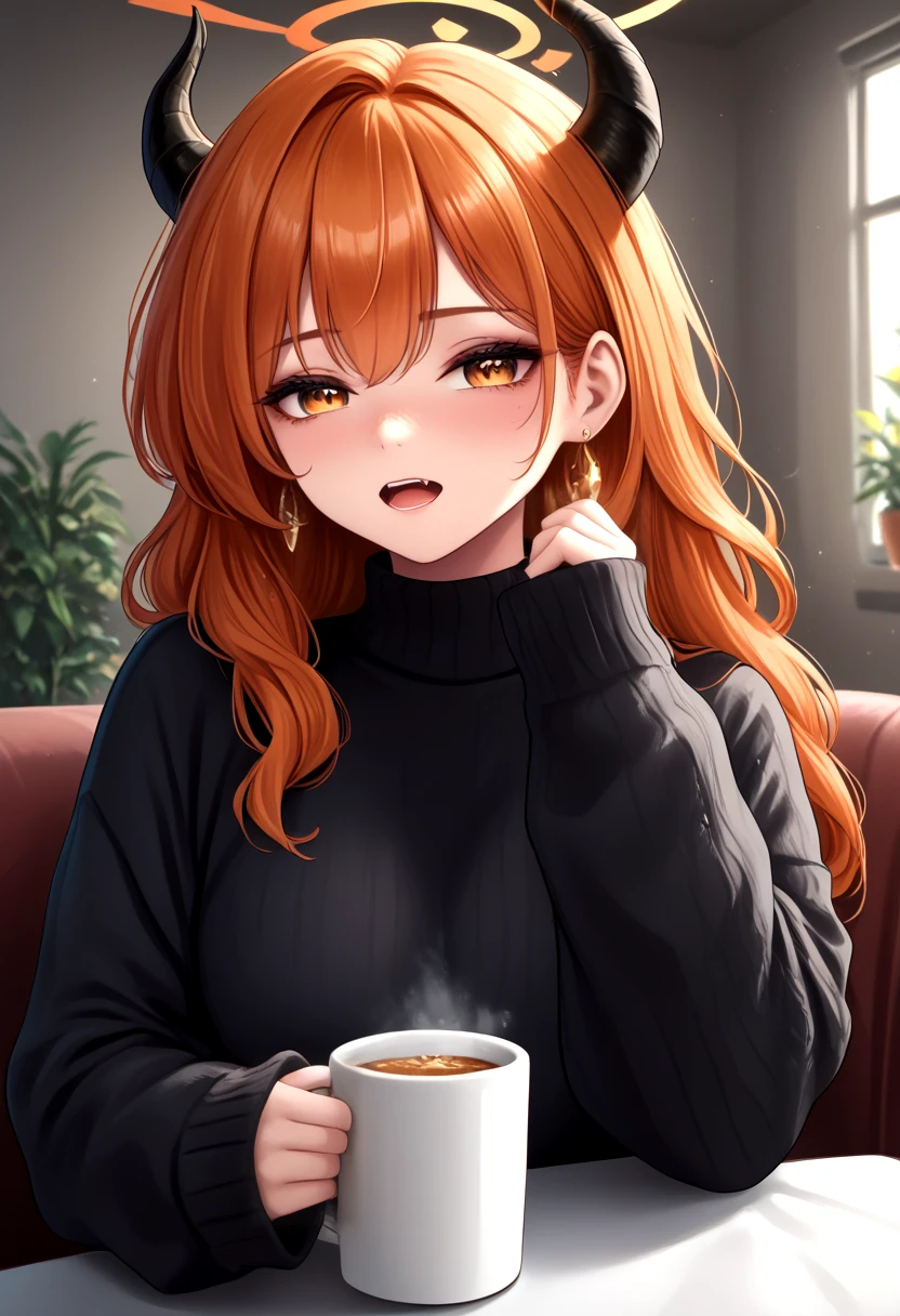 score_9,score_8_up,score_7_up,score_6_up,score_5_up,score_4_up,source_anime,<lora:addetailv3_by_n0utis_pony:0.8>,<lora:aru_blue_archive_pony:1>,aru_blue_archive_pony,1girl,alternate costume,black sweater,cup,demon girl,demon horns,earrings,halo,holding,horns,indoors,jewelry,long hair,looking at viewer,makeup,mug,open mouth,orange eyes,orange halo,plant,solo,sparkle,sweater,turtleneck,turtleneck sweater,orange hair,