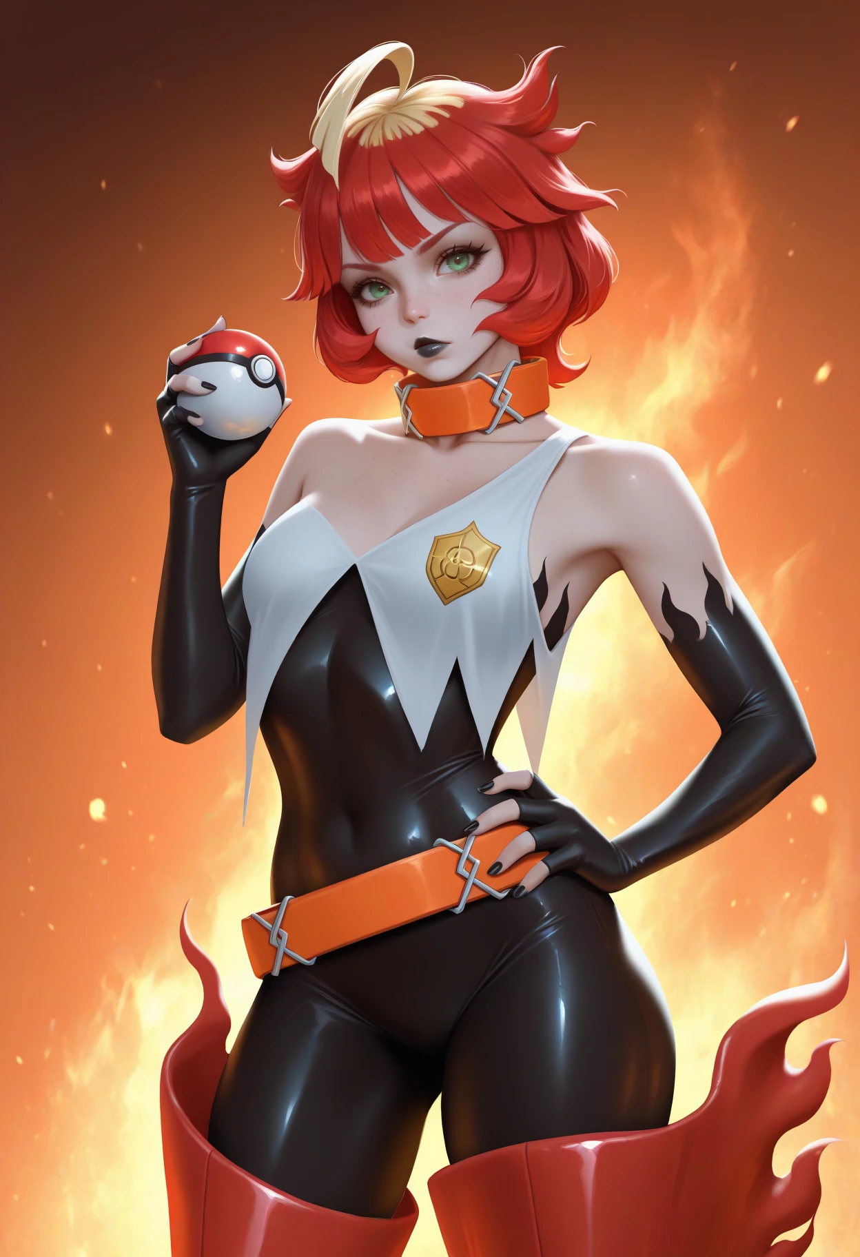 Un llamativo, highly realistic photo of a red-haired woman dressed as Charmander from Pokémon, with a vibrant representation of the costume and a fiery backdrop.