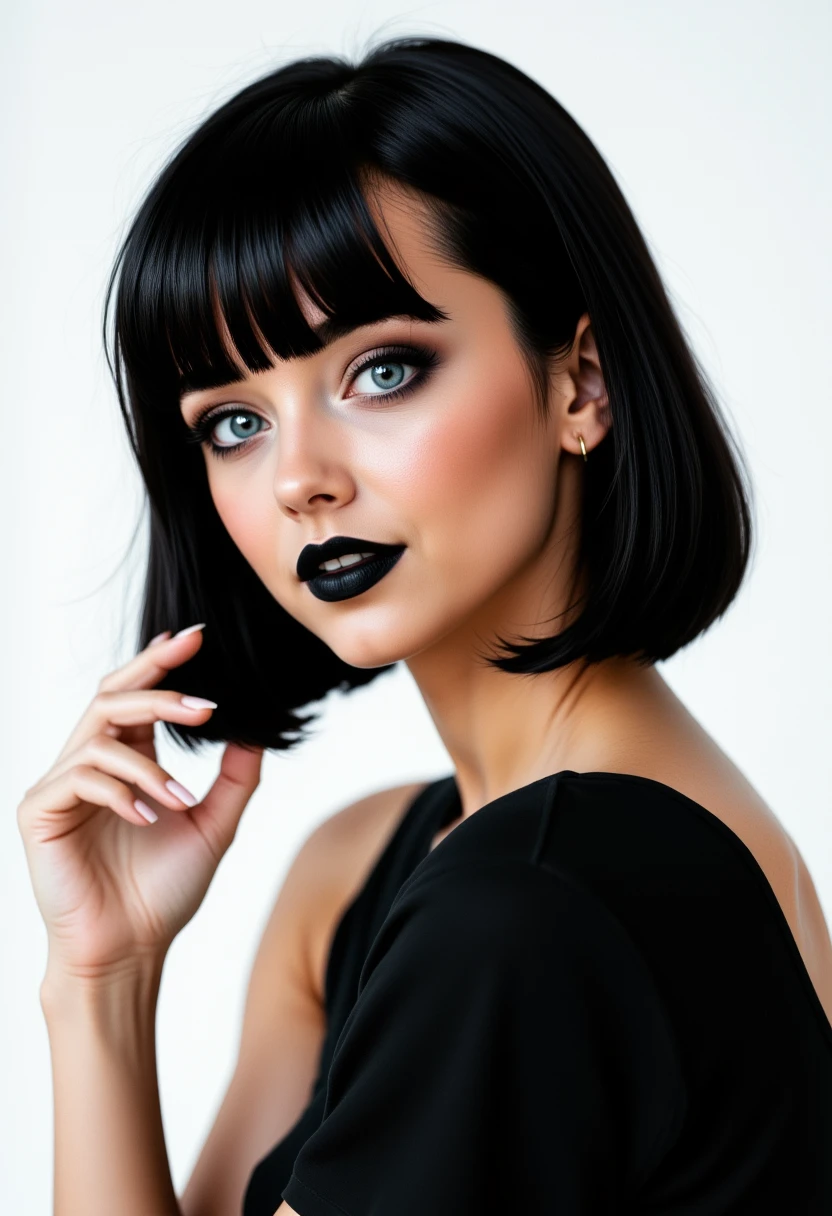profile headshots,photoshoot poses, She is approximately 18 yearss old, dynamic angles, multiple angles,She is looking at the camera, photoshoot poses; A photo of Mavis_real, wearing a black shirt and black lipstick,short hair, is posing for the camera with a smile on her face. simple white background. Style: realistic hyper-detailed rendering, 32k UHD, expressive eyes, punk, graphic design, girl's face, pretty and cute, gleaming lips, telling a tale of adventure. Exuding confidence and serenity. The overall mood of the image is happy and relaxed,detailed skin texture,(blush:0.2),(goosebumps:0.3),subsurface scattering,with a playful and whimsical tone, perfect hands, detailed hand,aidmafluxpro1.1, retro50s_style, looking at the camera,looking at the camera,looking at the camera,looking at the camera,
