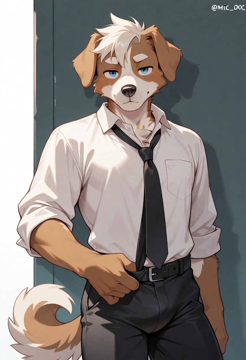 best quality, amazing quality, very aesthetic, absurdres, newest, michi_(oc), BREAK
furry, 1boy, solo, furry male, male focus, furry, animal ears, floppy ears, dog boy, white shirt, rolled up sleeves, black tie, black pants, seductive, tie pull, looking at viewer, <lora:Michi_OC_Illustrious:0.7>