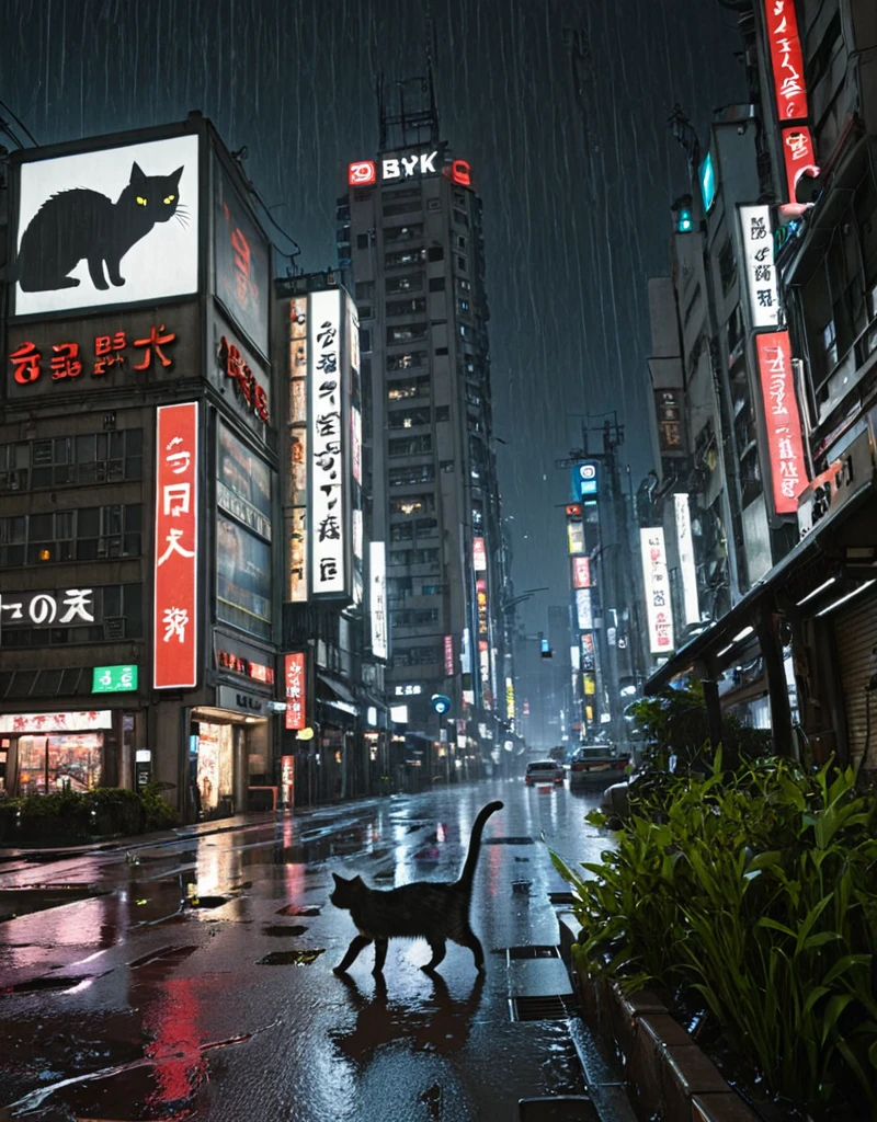 <lora:City_Worlds-1:1> realistic photo of citybkg, cyberpunk, night, detailed, street, car, futuristic, ground view, high buildings, building interior, billboard on building, signs, shop, kanji, illuminated, street marking, city lights, from side, rain, very wet, vegetation, cat standing, v