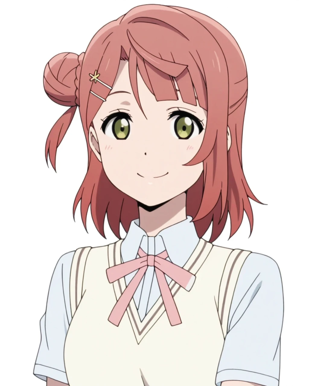 best quality, masterpiece, (anime screencap, simple background, solid white background:1.5), 1girl, solo, looking at viewer, upper body, <lora:ayumu-lovelivenijigasakiIL:0.8>, ayumu uehara, medium hair, single side bun, hairclip, school uniform, vest, pink neck ribbon, smile
