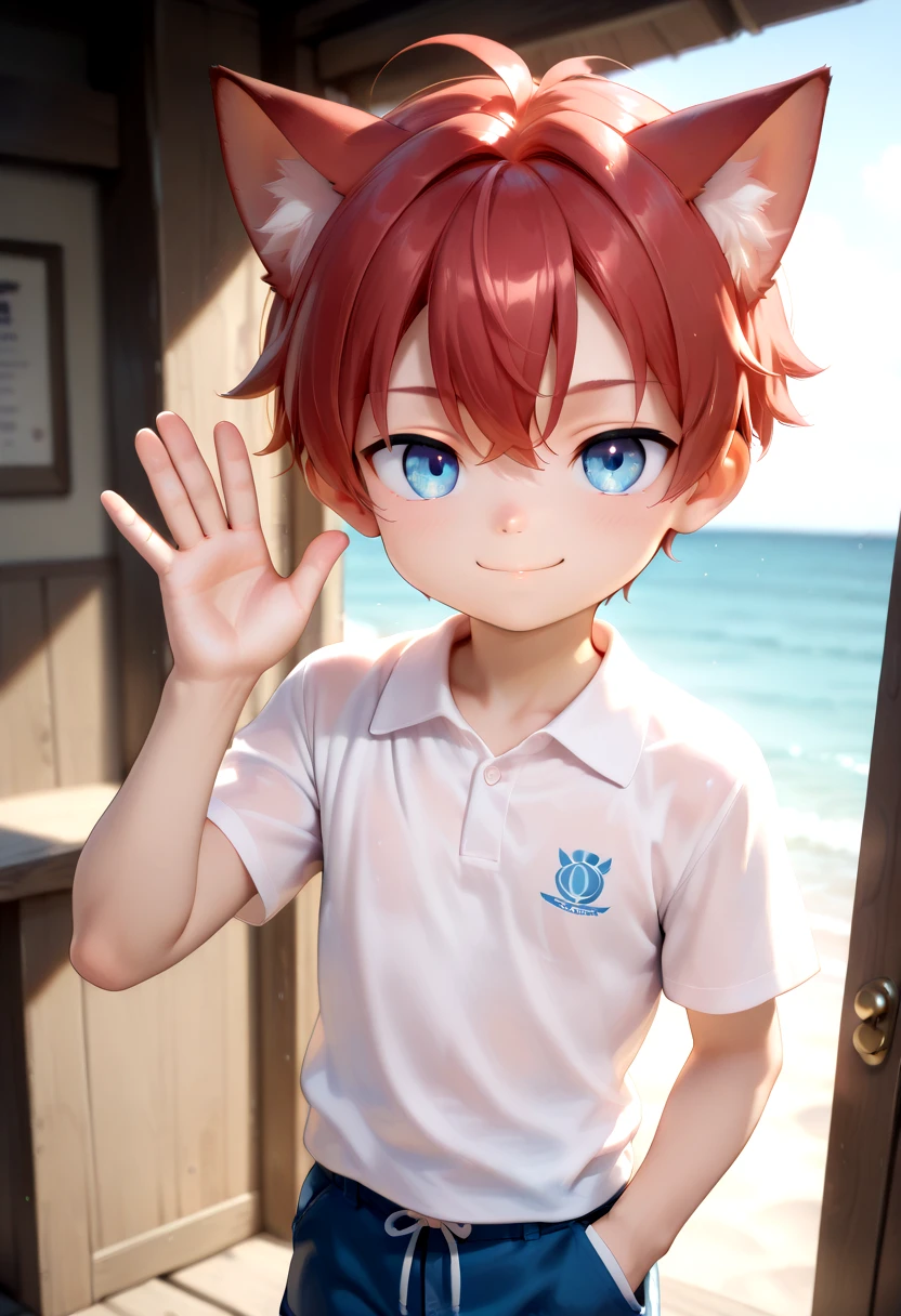 detailed eyes,beach, aki, 1boy, (crimson hair:1.2), white polo shirt, happy, male, male focus, closed mouth, blue eyes, cat boy, (red cat ears:1.2), looking at viewer,male, male focus, inside, corridors, petite, vivid colors, petite, cute, young, masterpiece, high quality, very_high_resolution, large_filesize, full color, detailed face, one hand in pocket, waving pose, shorts, <lora:tbr/cutifiedanimecharacterdesign_style_Illustrious_V10:1.0>