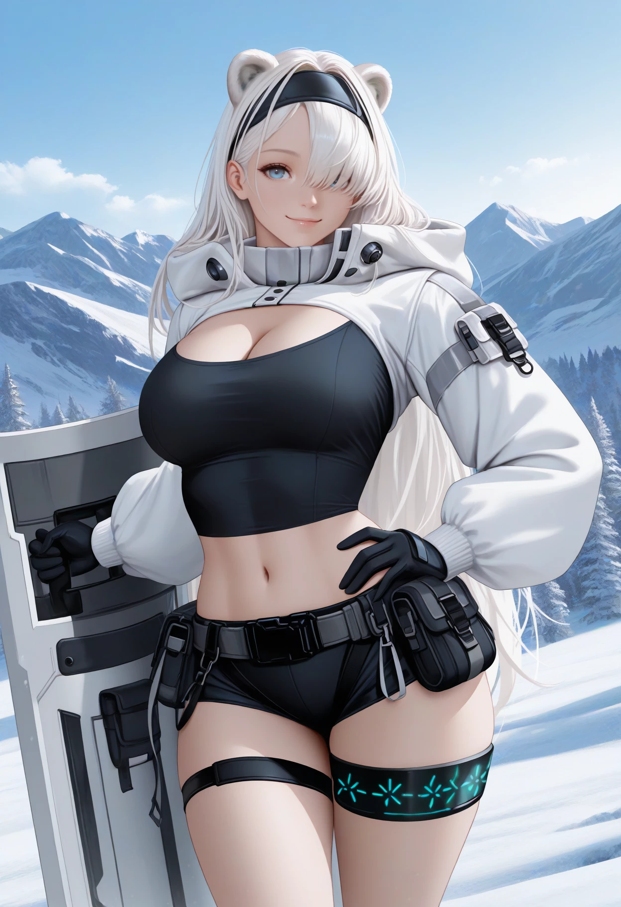 Toby Fox Undertale Sans Blue Jacket ,Fire eyes, skull, smile, long eyelashes, black eye shadow, white short hair, glowing, sexy white bikini face, blue keel cannon, one standing in the snow town, Femininefull big breast breast enlargement full-body shot