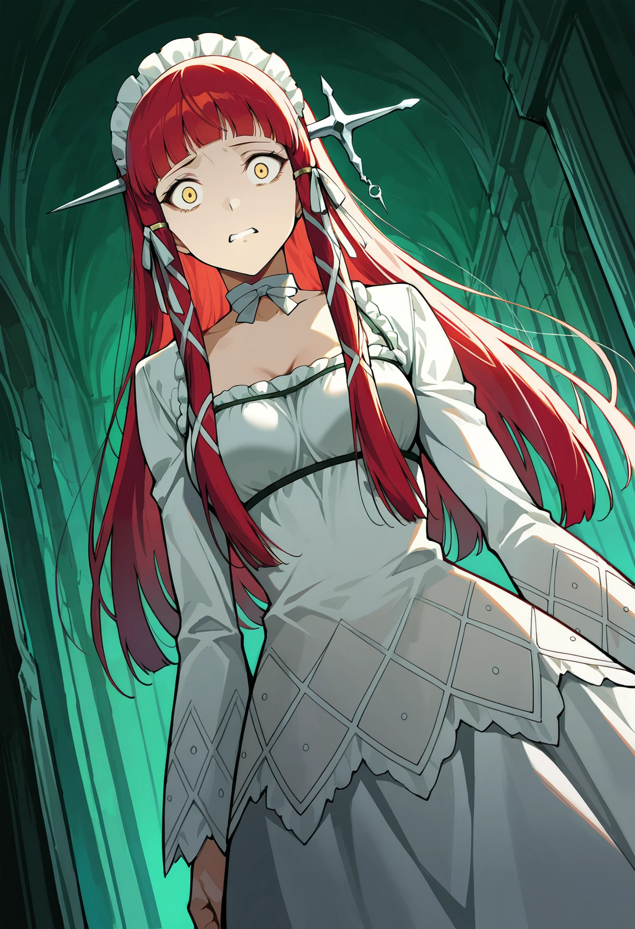 (masterwork, masterpiece, best quality, hyper-detailed :1.3),
1 girl, solo,
p3chidori, yellow eyes, red hair, long hair, blunt bangs, headdress, hair tubes, hair ribbon, choker, ribbon choker, dress, white dress, long sleeve dress, long sleeves, frills,
dutch angle, dark backround, green background, nighttime, green tint, covering own mouth, horrified, shocked, terrified, closeup