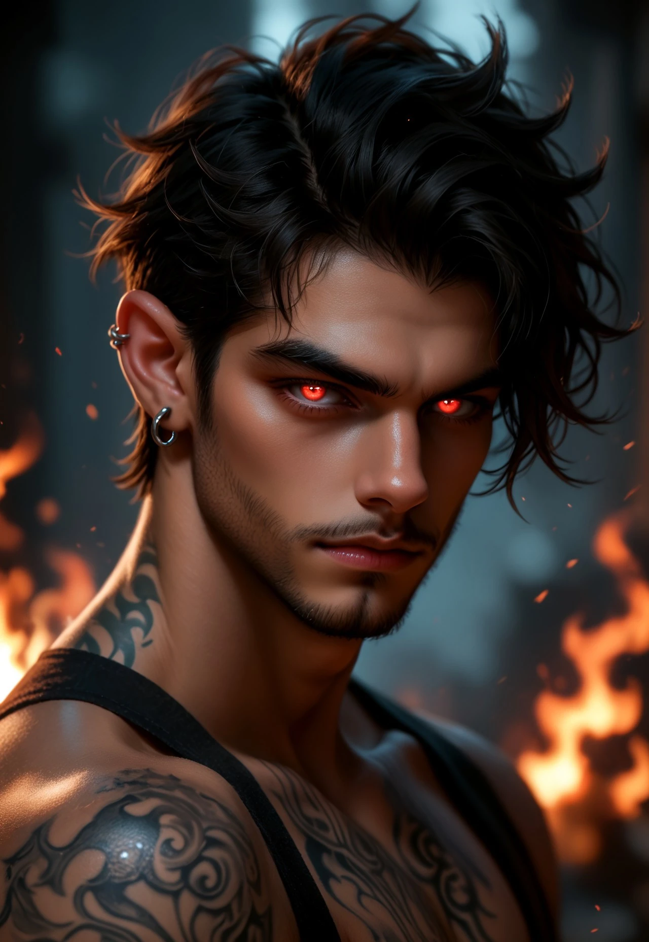 score_9, score_8_up, score_7_up, score_6_up, score_5_up, score_4_up, 32KM4G1C Style, 1boy, male focus, pointy ears, black hair, solo, facial hair, earrings, jewelry, red eyes, looking at viewer, tattoo, blurry background, blurry, short hair, hyur, glowing eyes, realistic, piercing, portrait, ear piercing, neck tattoo, fire, glowing, closed mouth