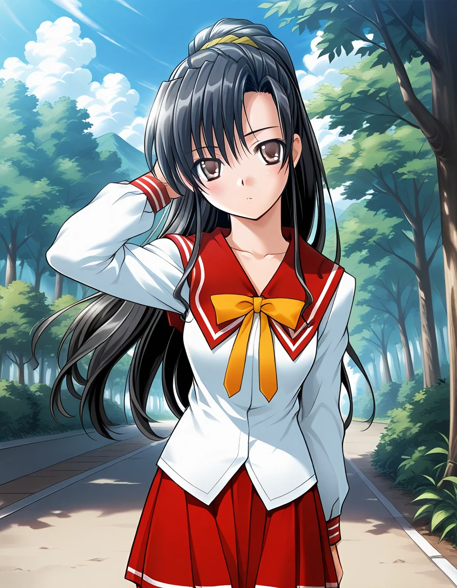 masterpiece, best quality, official art, amazing quality, ultra highres, very aesthetic, highly detailed, intricate,
1girl, solo, akira, black hair, brown eyes, beautiful detailed eyes,
akira_school_uniform, serafuku, red skirt, yellow ribbon, BREAK
bored, looking at viewer,
standing, scratching head, outdoor, cowboy shot, highly detailed
<lora:mizusima akira v1.0-000016:1>