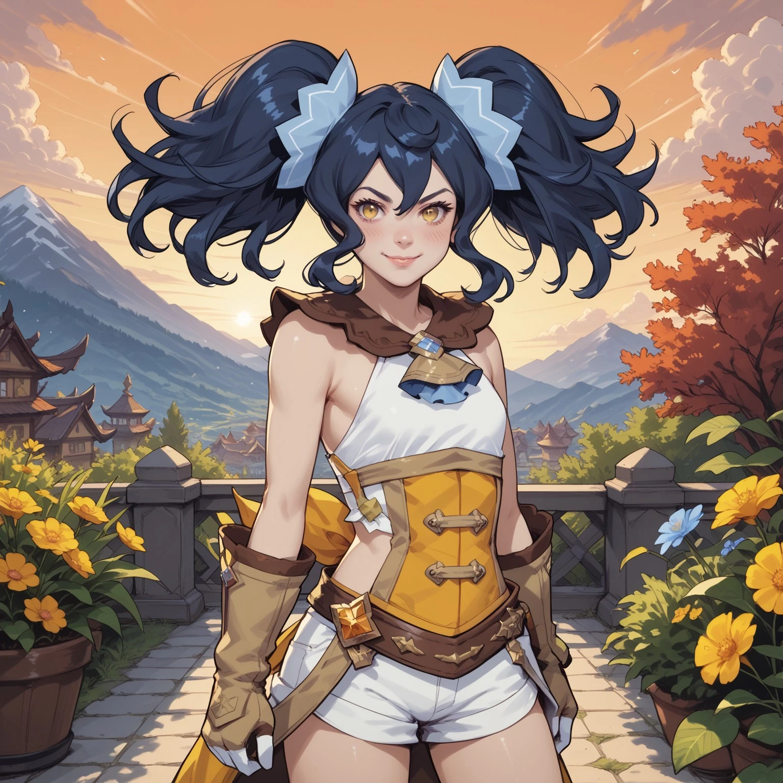 safe_pos, score_9, score_8_up, score_8, score_7_up, score_7, ExpressiveH,
BREAK
1girl, solo, Renee (Dragalia Lost), twintails, bangs, blue hair, yellow eyes, hair ornament, small breasts, globes, corset, shorts, boots, petite, small breasts, looking at viewer, head tilt, seductive look, aroused, horny, standing, oiled skin, looking at viewer, lips parted, blushing, mischievous smile
BREAK
Garden, sunset, orange sky, purple sky, mountainous horizon