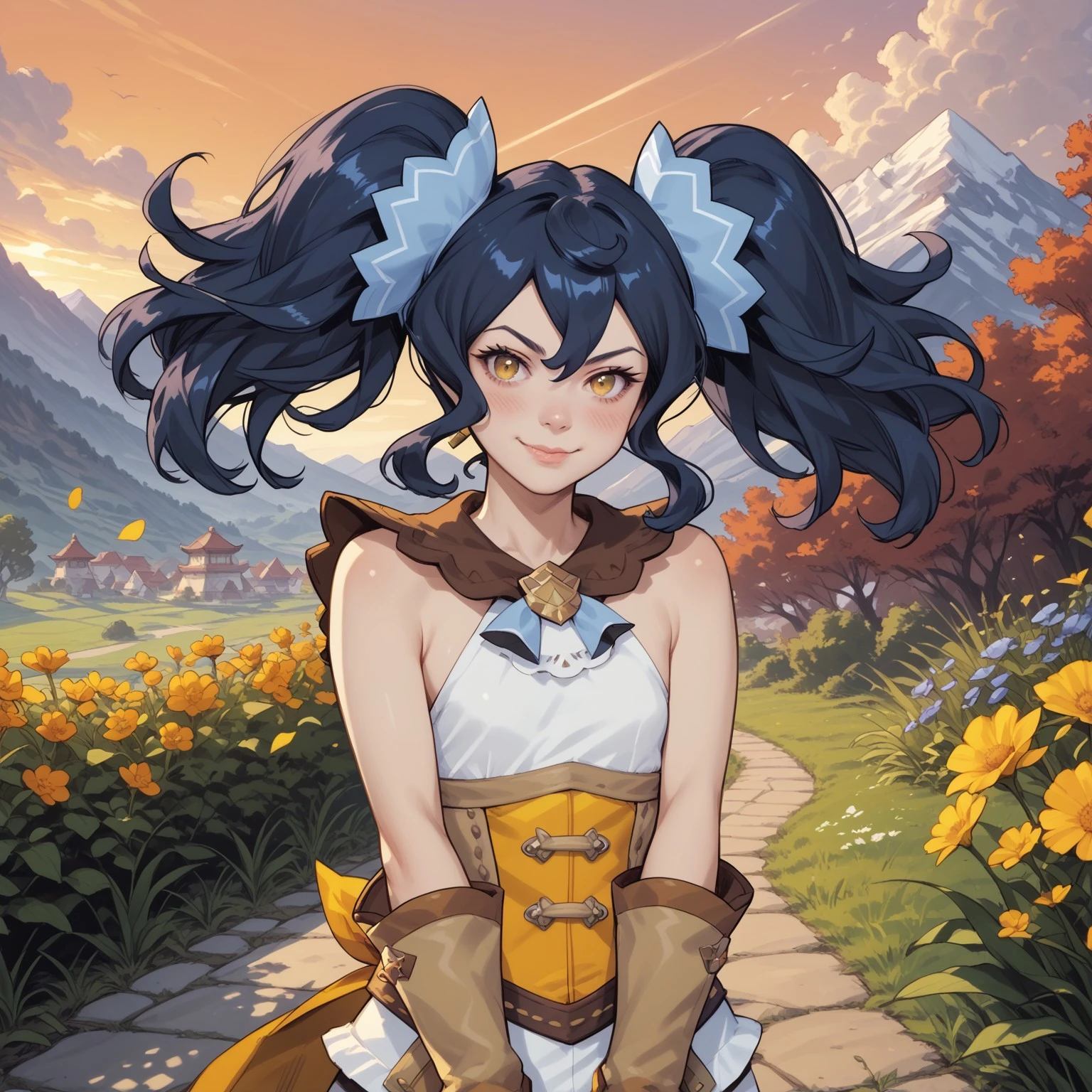 safe_pos, score_9, score_8_up, score_8, score_7_up, score_7, ExpressiveH,
BREAK
1girl, solo, Renee (Dragalia Lost), twintails, bangs, blue hair, yellow eyes, hair ornament, small breasts, globes, corset, shorts, boots, petite, small breasts, looking at viewer, head tilt, seductive look, aroused, horny, standing, oiled skin, looking at viewer, lips parted, blushing, mischievous smile
BREAK
Garden, sunset, orange sky, purple sky, mountainous horizon