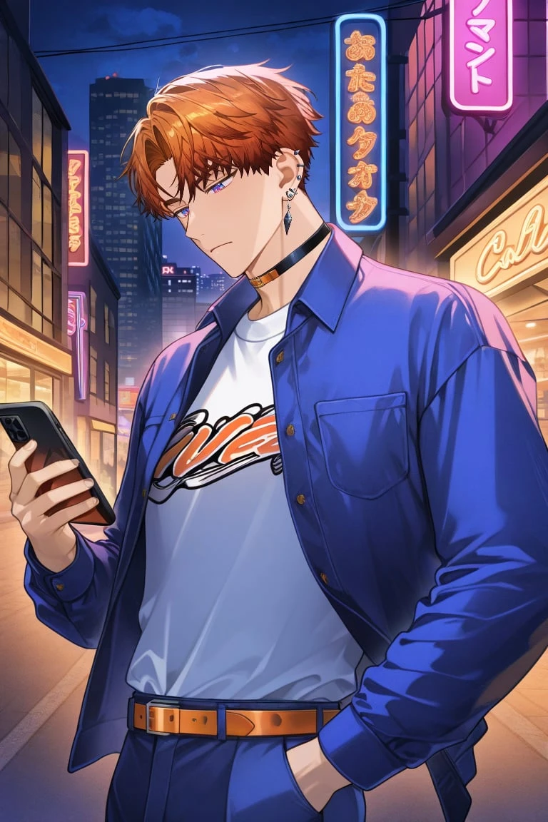 solo, 1boy, manly, toned male, ktmys, alternate hairstyle, short hair, orange hair, center parted bangs, curtained hair, two tone eyes, blue-and-pink eyes, from side, neutral expression, cowboy shot, BREAK, neon lights, walking at streets, night, holding smartphone, looking down at smarphone, buildings, shop exteriors, billboards, vibrant lighting of night city, BREAK, alternate costume, long sleeves, multicolored orange and blue jacket, orange belt, white shirt, print shirt, pockets, blue pants, earrings, ear piercing, black choker, BREAK, bara, very aesthetic, ultra detailed, perfect quality, best quality, absolutely eye-catching, ambient occlusion, raytracing, newest