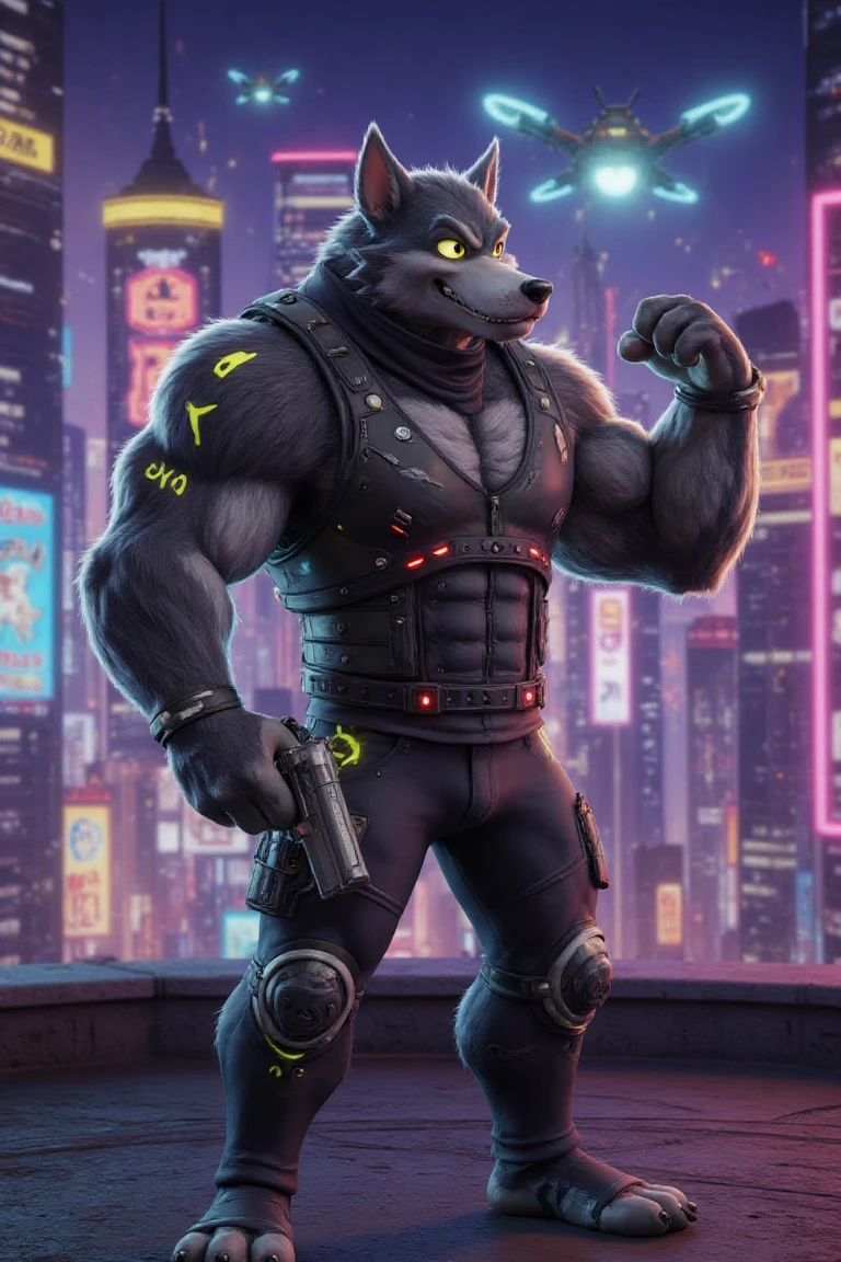wolf McHowl, a muscular cyberpunk werewolf, standing confidently in a futuristic 3D environment. He wears a high-tech armored vest with a built-in energy core, black tactical pants with neon-green details, and a high-collared jacket with glowing red accents. His fur is infused with nanotechnology, giving it a sleek, enhanced appearance. He is on a rooftop overlooking a neon-drenched cyberpunk cityscape, holding a futuristic pistol in one hand while flexing his powerful cybernetic arm. The city’s skyline is filled with flying drones and massive holograms