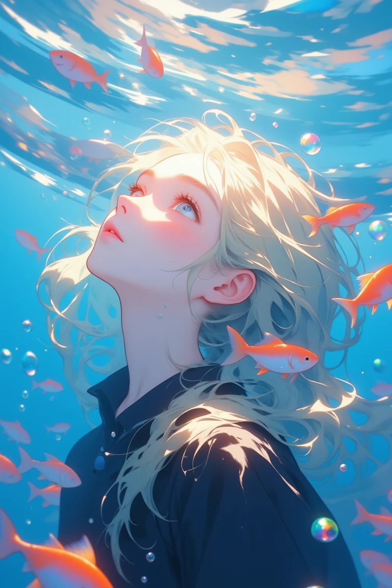 Be_luminous,Anime_Era,Sci-fi_fantasy_illustration,underwater, long hair, 1girl, black shirt, original, shirt, blue eyes, looking to the side, water, fish, solo, looking at viewer, sfw, closed mouth, blonde hair, underwater_view, bubbles, long sleeves, parted lips, bangs, upper body, parted bangs, depth of field, blurry, from side, fish on head, fish on shoulder, blurry background, collarbone, out of frame, looking up