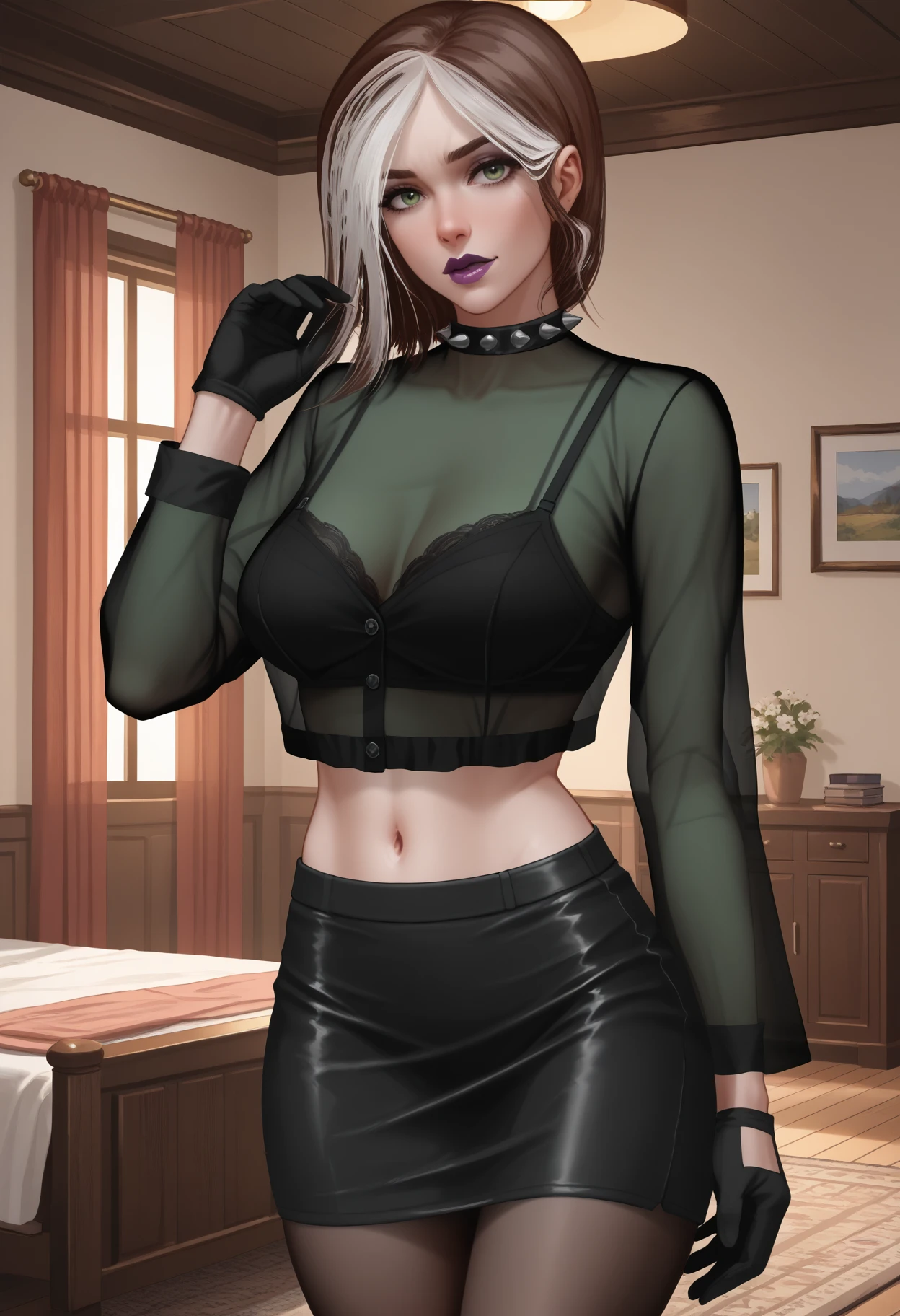 score_9, score_8_up, score_7_up, score_6_up, score_5_up, masterpiece, best quality, high detail, <lora:NM_tnh_rogue:1>, BREAK NM_tnh_rogue, 1girl, solo, multicolored hair, two-tone hair, brown hair, white hair, breasts, large breasts, lips, makeup, lipstick, purple lips, green_out, eyeshadow, spikes, collar, spiked collar, shirt, green shirt, see-through, see-through shirt, long sleeves, underwear, bra, black bra, covered navel, gloves, black gloves, skirt, pencil skirt, black skirt, miniskirt, pantyhose, looking at viewer,