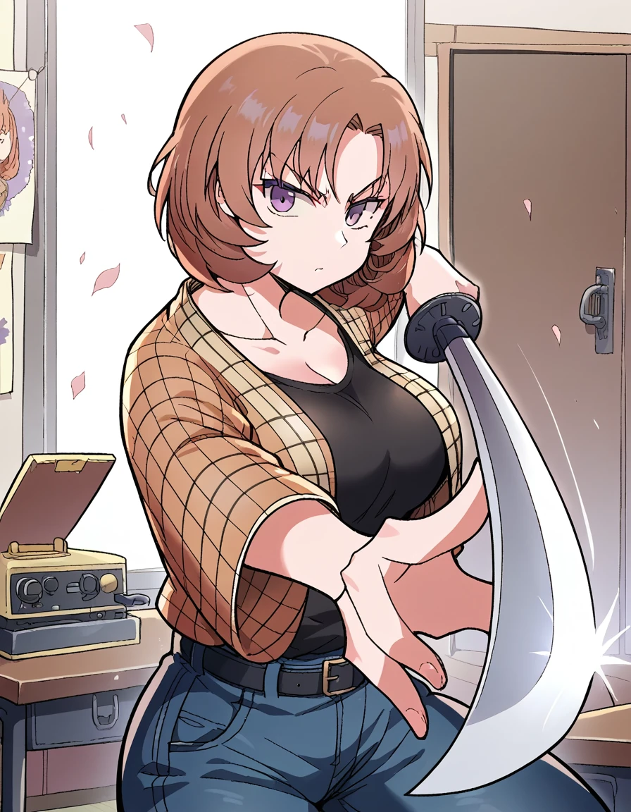 score_9, score_8_up, score_7_up, source_anime, <lora:hyuna-cha-manhwa-ponyxl-lora-nochekaiser:1>, hyuna cha, short hair, brown hair, purple eyes, large breasts,, shirt, collarbone, long sleeves, plaid, plaid shirt, light brown shirt, pants, denim, belt,, clubroom, posters, meeting table, decorations, student council, , <lora:gatotsu-stance-ponyxl-lora-nochekaiser:1>, gatotsu stance, weapon, sword, katana, holding weapon, holding, holding sword, foreshortening, japanese clothes, kimono, looking at viewer,, looking at viewer, solo,, cowboy shot, solo