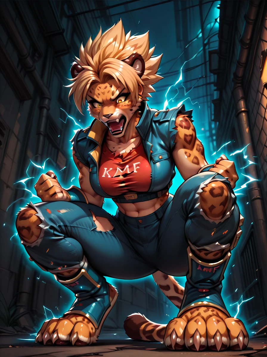 <lora:Shina_3forms-_Bloody_Roar_Illust_v1:0.8>,  <lora:RealisticAnimeIXL:0.6>,  <lora:Ultra Instinct [IL]:0.8>, sh1n4half, ultra_instinct, white and blue aura, 1girl, blue jacket, red kmf shirt, blue pants, torn blue boots, leopard feet, foot focus, from below, leopard tail, claws, blue bracers, blue greaves, spikey hair, bangs, blonde hair, midriff, squatting, roaring, electricity, alley background , night, chain link fence