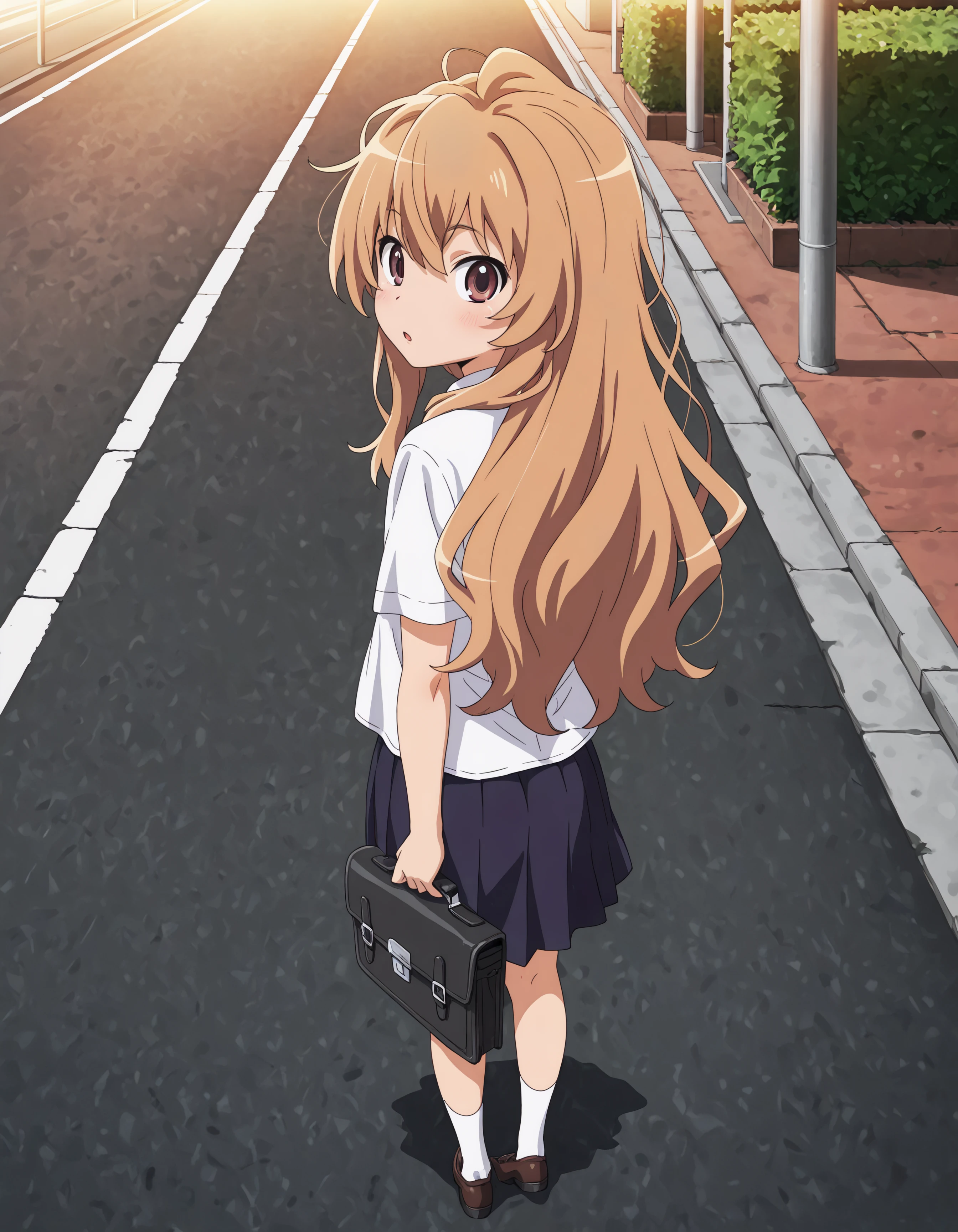 1girl, brown eyes, school uniform, tagai, light brown hair, long hair, full body shot, messy hair, school bag, on road, looking at viewer, turning back, from behind, :o, ultra kawaii, hdr, low contrast,
masterpiece, best quality, absurdres, masterpiece, highres, perfect anatomy, anime style, anime screenshot, 8k wallpaper, ultra high quality, (extremely detailed cg), perfect lighting, (sharp image), dynamic angle