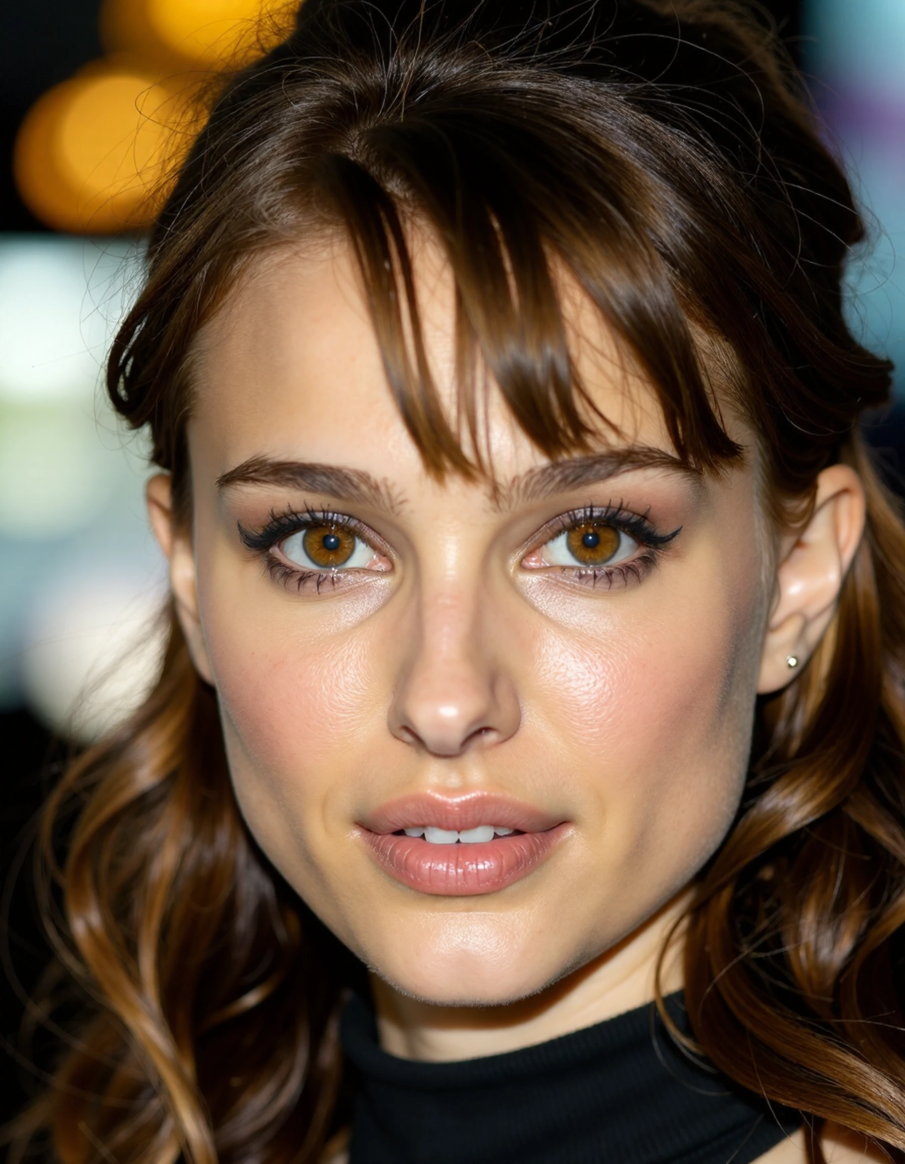 <lora:Natalie_Portman_Ca2004:1> woman Brightly Tinted Hair, Brightly Colored Hair, Wild Colors, Flash Photography, Candid, Face Centered, Captivating Eyes, Infectious Smile, Glow Effects, Zoomed To Face, Macro Shot, Extreme Macro <Lora:zz_s_Chest_Size_Slider:-2><Lora:zz_s_Fluxartis:0.5> A Highly Detailed Cinematic Photography.<Lora:zz_s_Stylish_Lighting:0.5>, Extreme Close-Up, Zoomed, Focus On Face, Centered, Macro Shot, Face Centered, Focus On Eyes, Looking Directly At The Viewer, Looking Directly At The Camera, Making Eye Contact, Looking Straight Ahead, <lora:zz_s_Chest_Size_Slider:-2> High Collar, Chest Covered