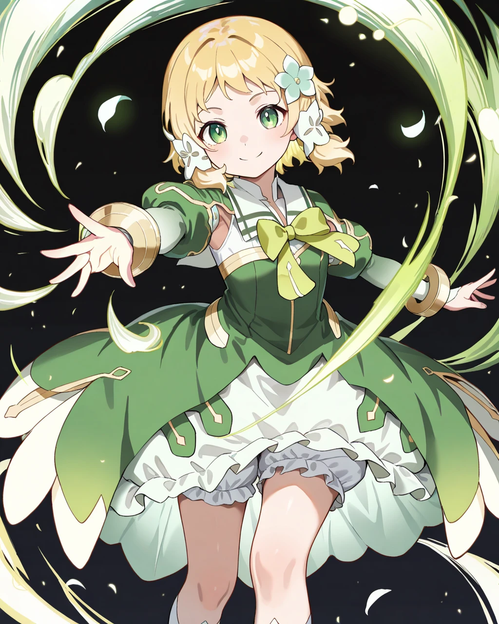 Emerald has green eyes, tan skin, and green hair in two buns. Her dress and shoes are green and gold, and her party hat is gold and black. SPARKLE; GLITTER