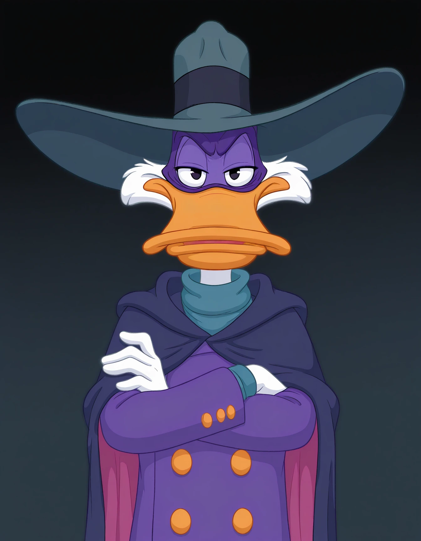 masterpiece, best quality, amazing quality, very aesthetic, high resolution, solo, disney, male
Darkw1ng_Duck, white feathers, purple dress, purple mask, dark blue-pink cloak, hat, gradient background, crossed arms, looking at viewer
<lora:Darkw1ng_Duck_il:0.9>