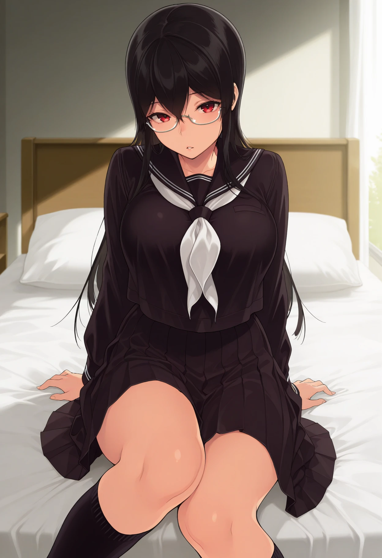 cute little、Amazing beautiful girl, Anime style, 、17 age、on the bed、A dark-haired、Straight hair、Glamour、Colossal tits、de pele branca、wide-open legs、Very embarrassing、red blush。 Best Quality , Textured skin、 high details, High quality,Semi-long hair、No shoes,I can see the belly button、nudde、fullnude,pubick hair、Black short socks、Pubic area、 hair、Open the crotch,、Tsurime,Troubled face、Anime-style eyes,Anime-style nose,Anime-style mouth、lie on one's side、Turn your pubic area towards me、eye glasses、Sailor Suit Jacket,Highlights in the eyes、The pubic area is open,Lots of pubic hair、Ass hole、I'm floating my butt