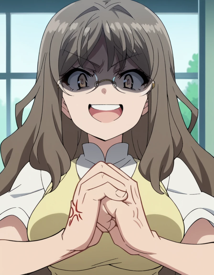 score_9, score_8_up, score_7_up, source_anime, <lora:rio-futaba-s1-ponyxl-lora-nochekaiser:1> rio futaba, long hair, brown hair, brown eyes, large breasts, glasses, anime screencap, <lora:cracking-knuckles-ponyxl-lora-nochekaiser:1>, cracking knuckles, shaded face, open mouth, looking at viewer, looking down, fist in hand, own hands together, anger vein, false smile, ,