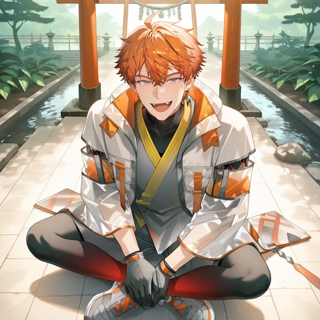 solo, 1boy, toned male, ktmys, official alternate costume, official alternate hairstyle, short hair, orange hair, ahoge, two tone eyes, blue-and-pink eyes, full body, from above, BREAK, smile, fang, looking at viewer, indian style sitting, japanese shrine, water, plants, day, torii, BREAK, black gloves, grey sneakers, jewelry, long sleeves, multicolored clothes, open mouth, orange hair, pocket, black-and-red legging, see-through sleeves, white jacket, shorts, furisode sleeves, gradient leggings, grey jinbei \(clothes\), layered clothes, single earring, black undershirt, BREAK, bara, very aesthetic, ultra detailed, perfect quality, best quality, absolutely eye-catching, ambient occlusion, raytracing, newest