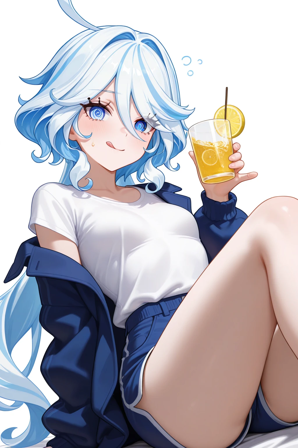 masterpiece, best quality, absurdres, furina \(genshin impact\), 1girl, :q, @ @, blue eyes, blue hair, blue jacket, blue shorts, breasts, cup, food, fruit, hair between eyes, heterochromia, holding, holding cup, jacket, jewelry, lemon, long hair, long sleeves, looking at viewer, multicolored hair, shirt, shorts, small breasts, smile, solo, streaked hair, tongue, tongue out, white background, white hair, white shirt